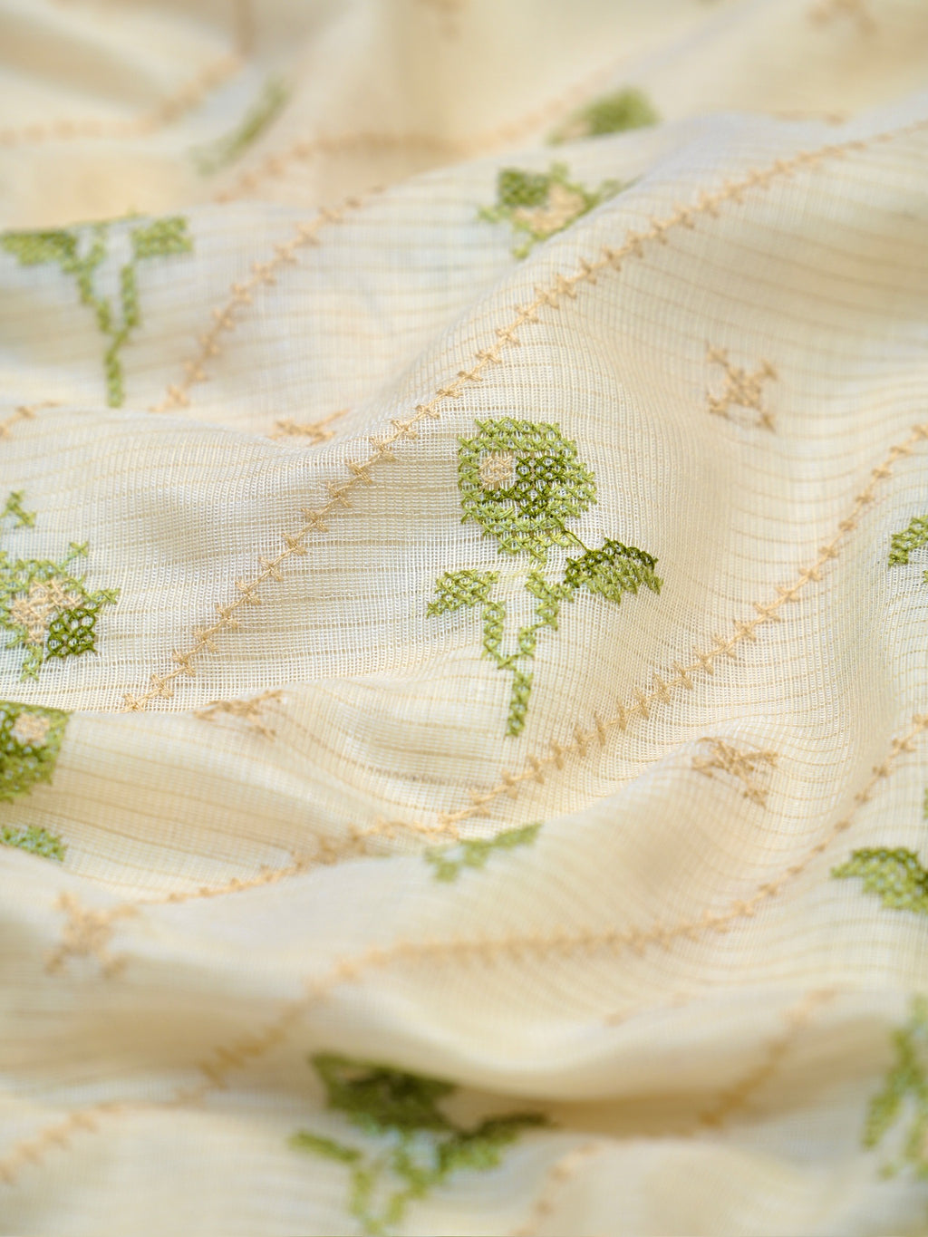 Off-White & Sage Green Soft Cotton Embroidered Saree with Zari Border