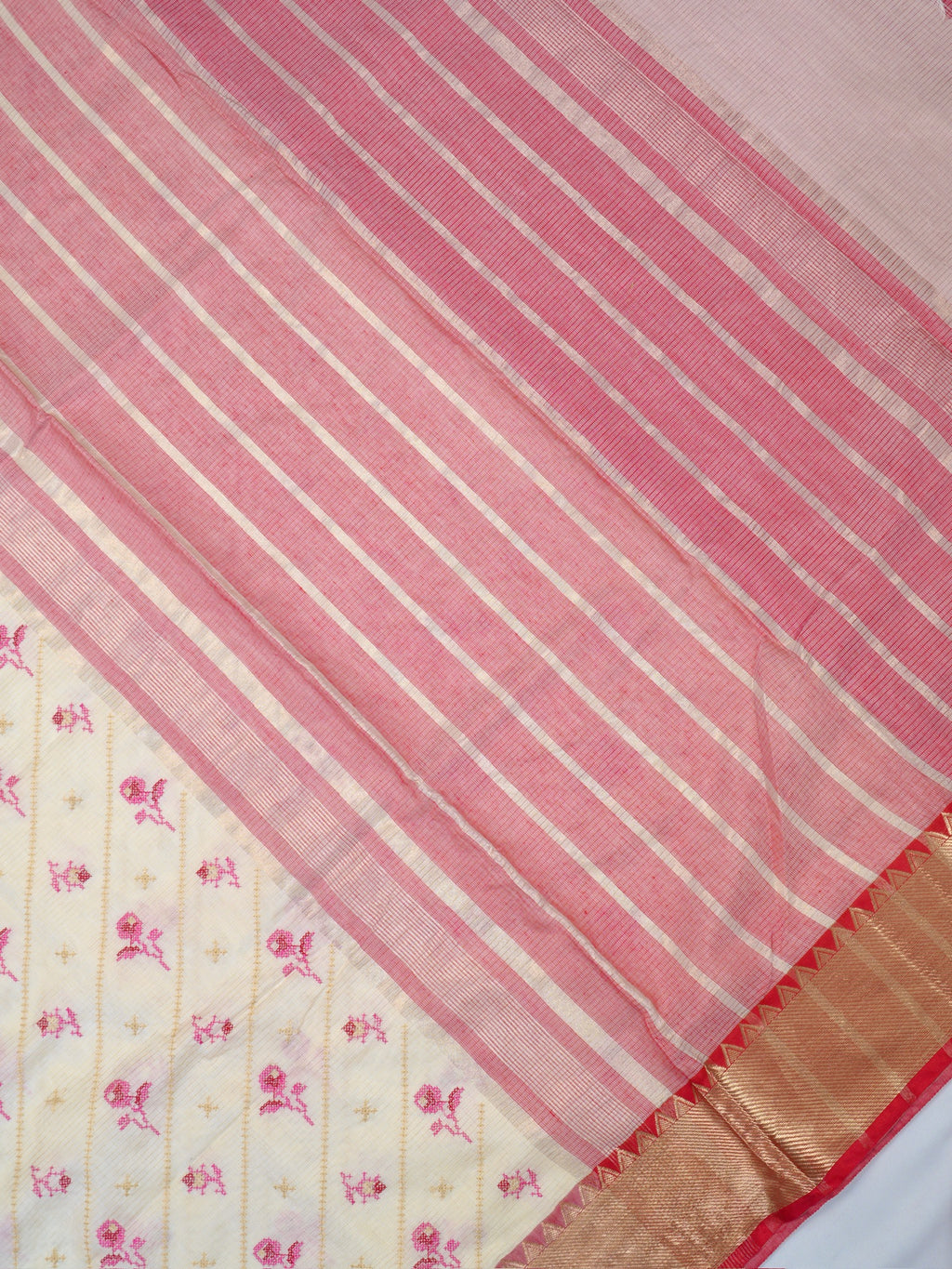 Off-White &  Pink Soft Cotton Floral Embroidered Saree with Zari Border