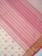 Off-White &  Pink Soft Cotton Floral Embroidered Saree with Zari Border