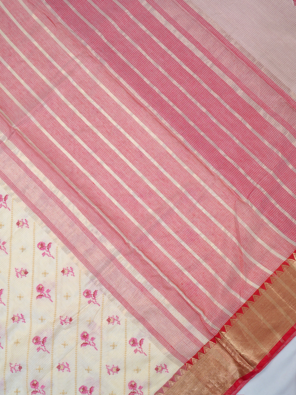 Off-White &  Pink Soft Cotton Floral Embroidered Saree with Zari Border