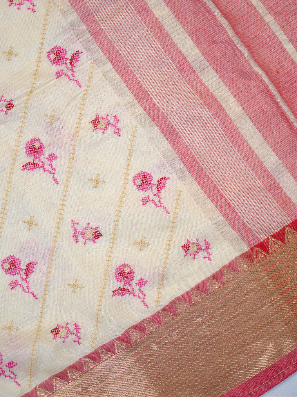 Off-White &  Pink Soft Cotton Floral Embroidered Saree with Zari Border