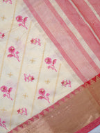 Off-White &  Pink Soft Cotton Floral Embroidered Saree with Zari Border