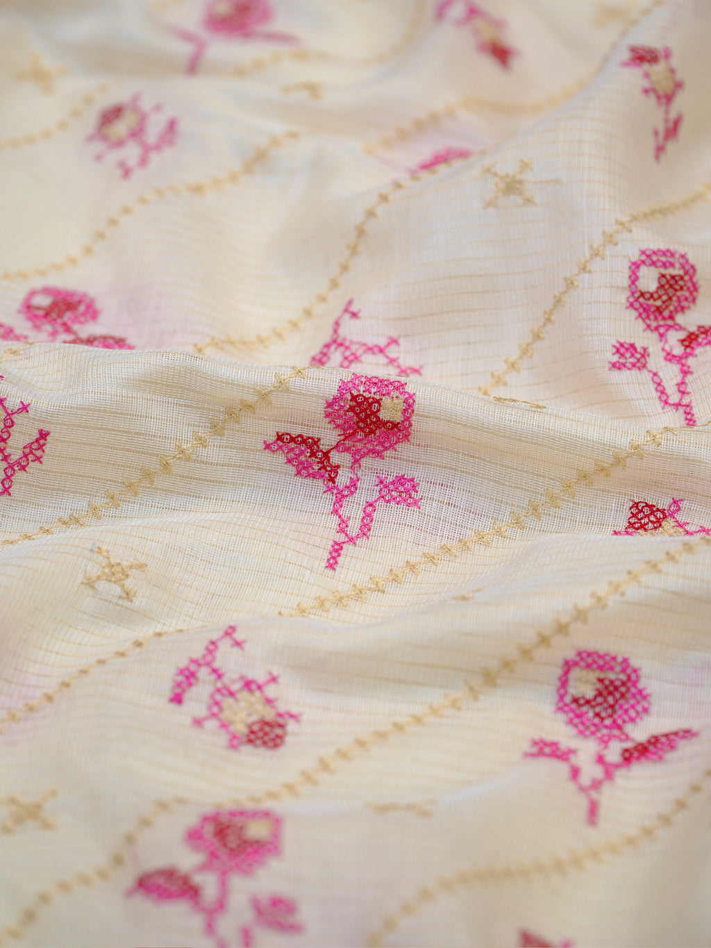 Off-White &  Pink Soft Cotton Floral Embroidered Saree with Zari Border