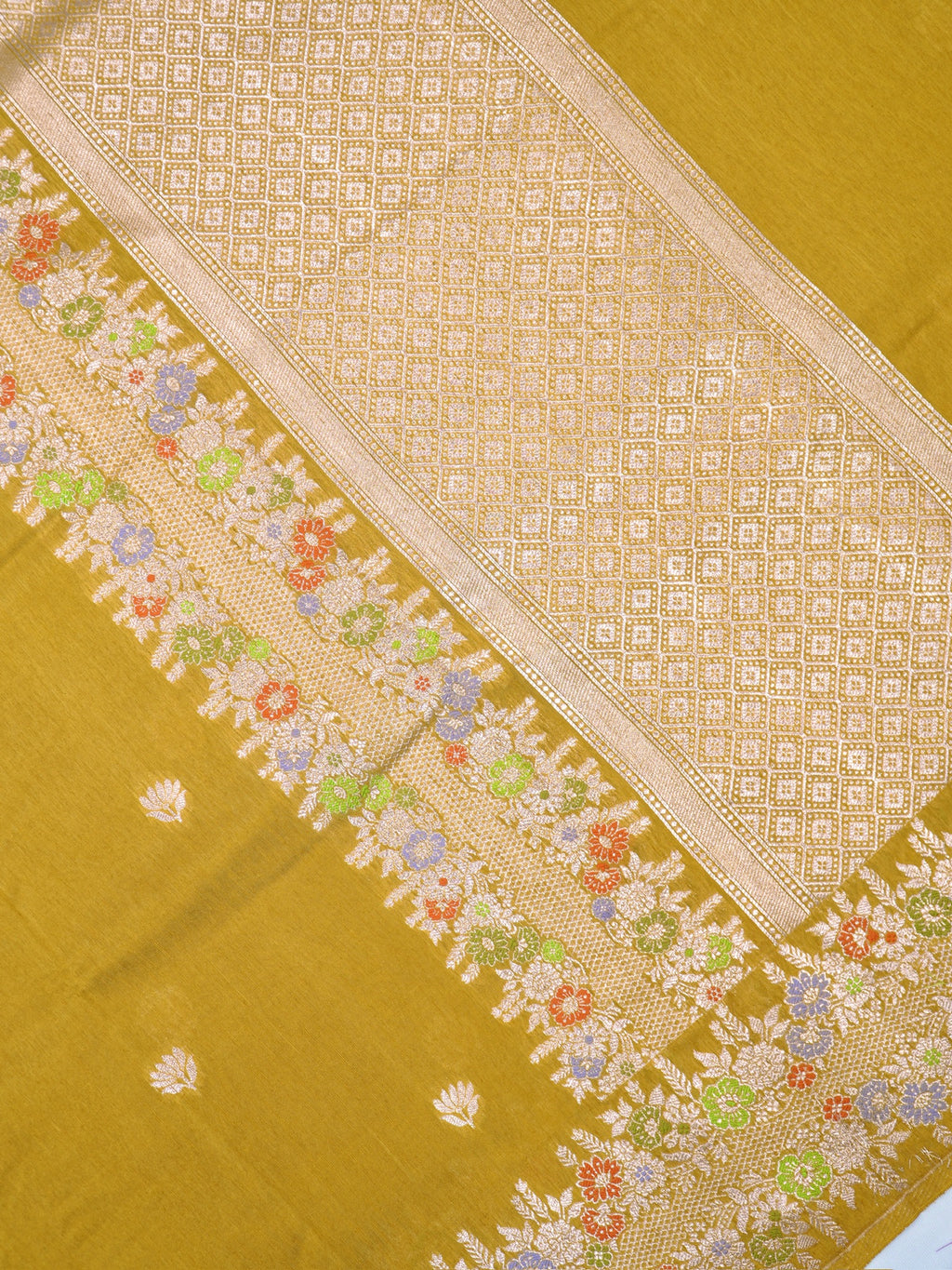 Mustard Yellow Banarasi Semi Butter Silk Saree with Meenakari Floral Work