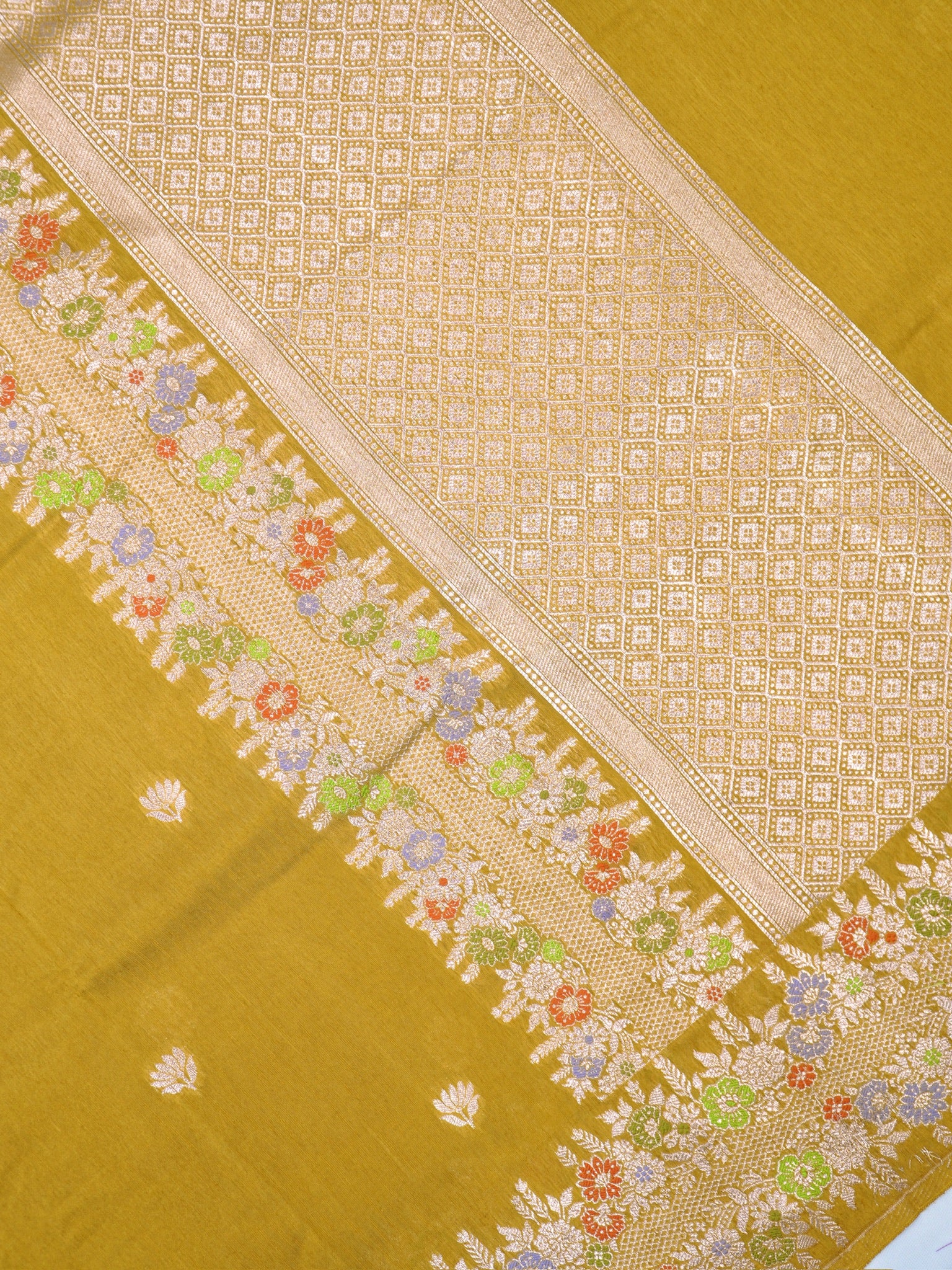 Mustard Yellow Banarasi Semi Butter Silk Saree with Meenakari Floral Work