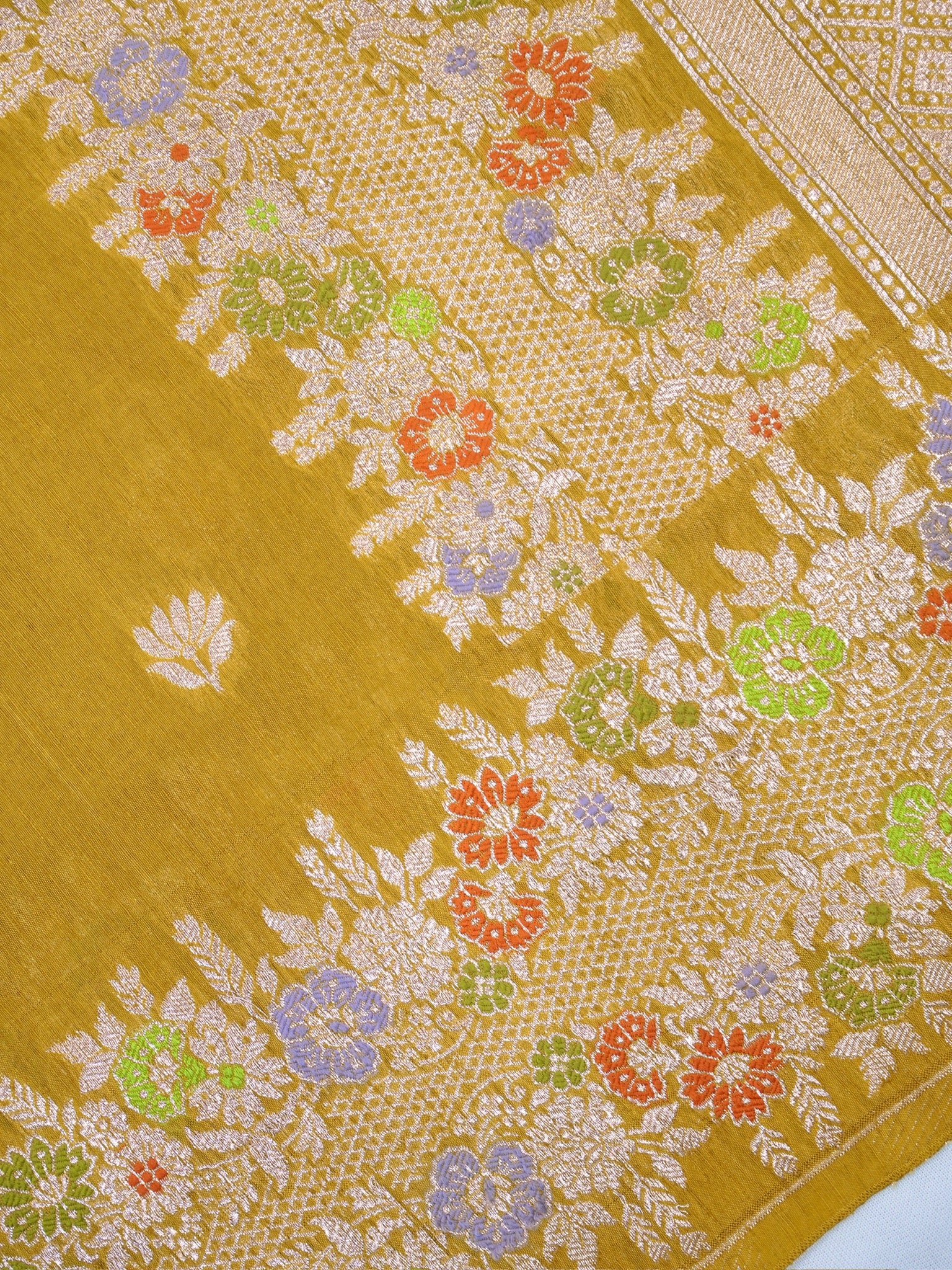 Mustard Yellow Banarasi Semi Butter Silk Saree with Meenakari Floral Work