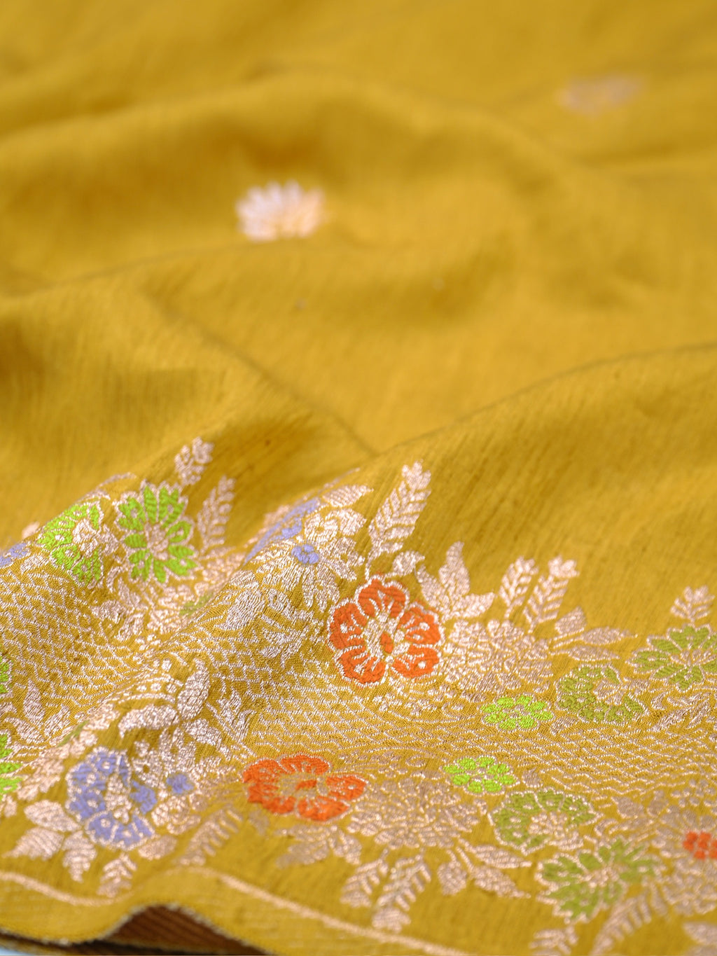 Mustard Yellow Banarasi Semi Butter Silk Saree with Meenakari Floral Work