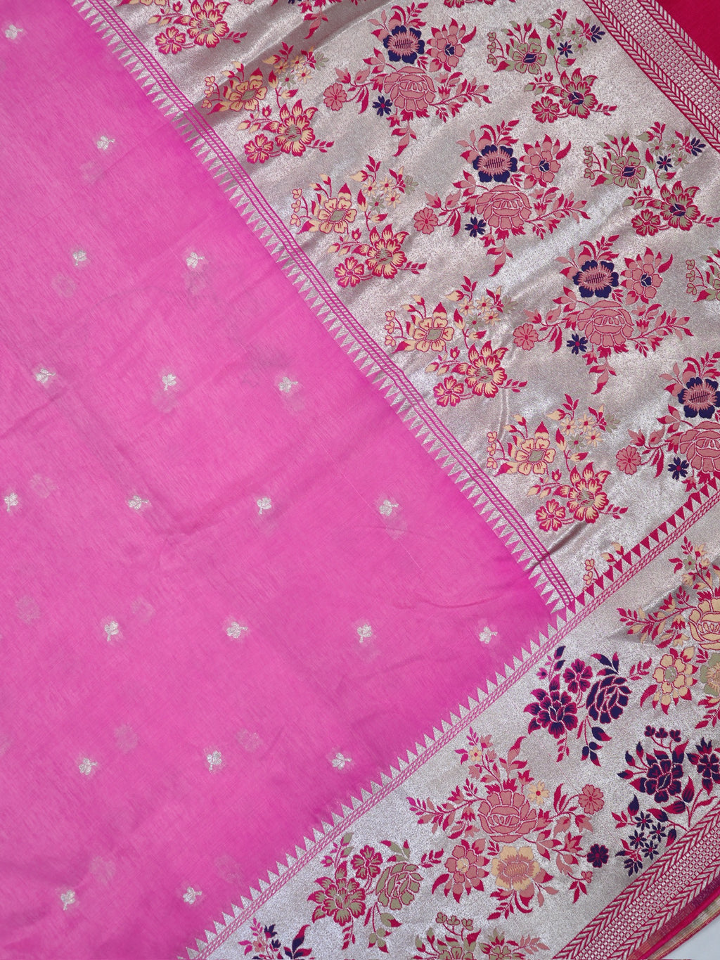Rani Pink Banarasi Semi Butter Silk Saree with Meenakari Floral Border & Silver Zari Pallu
