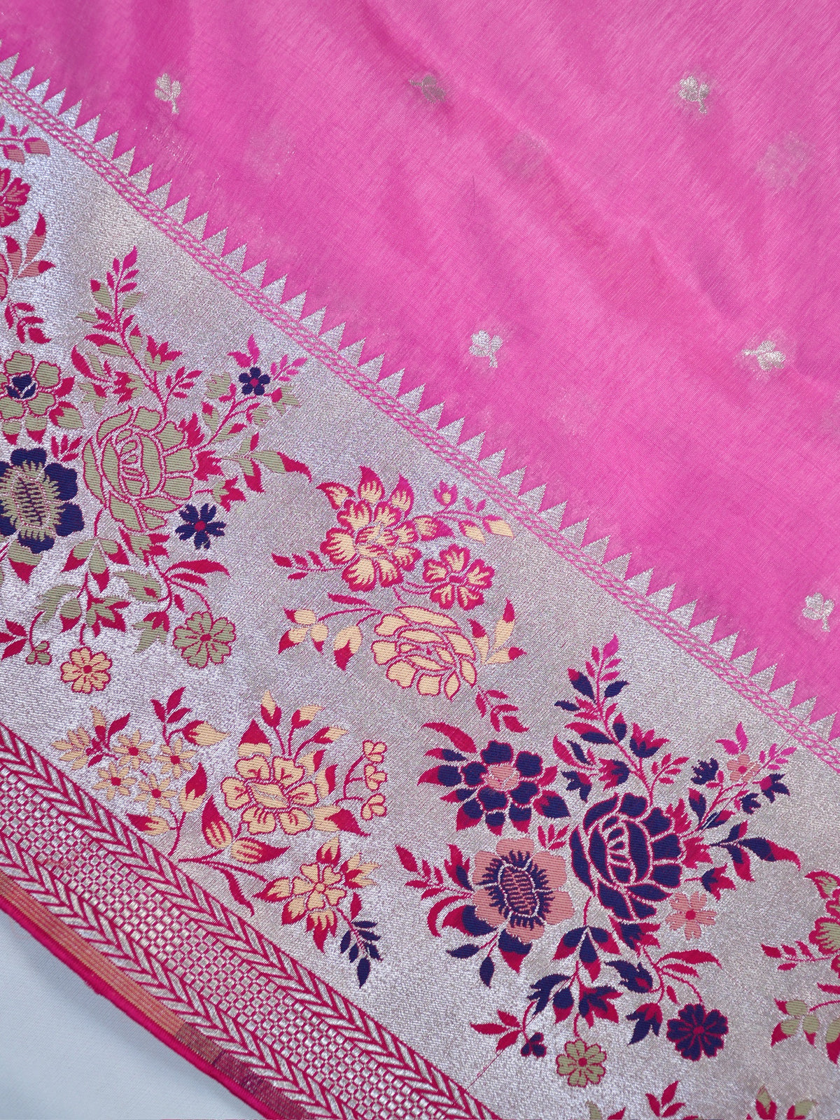 Rani Pink Banarasi Semi Butter Silk Saree with Meenakari Floral Border & Silver Zari Pallu