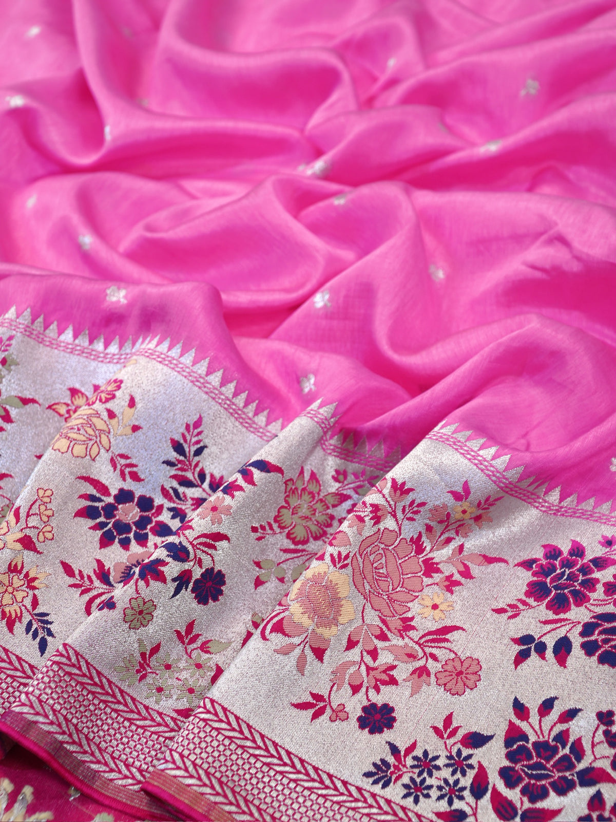 Rani Pink Banarasi Semi Butter Silk Saree with Meenakari Floral Border & Silver Zari Pallu