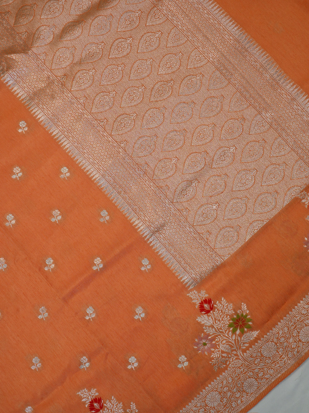 Bright Peach-Orange Banarasi Butter Silk Saree with Meenakari Floral Accents
