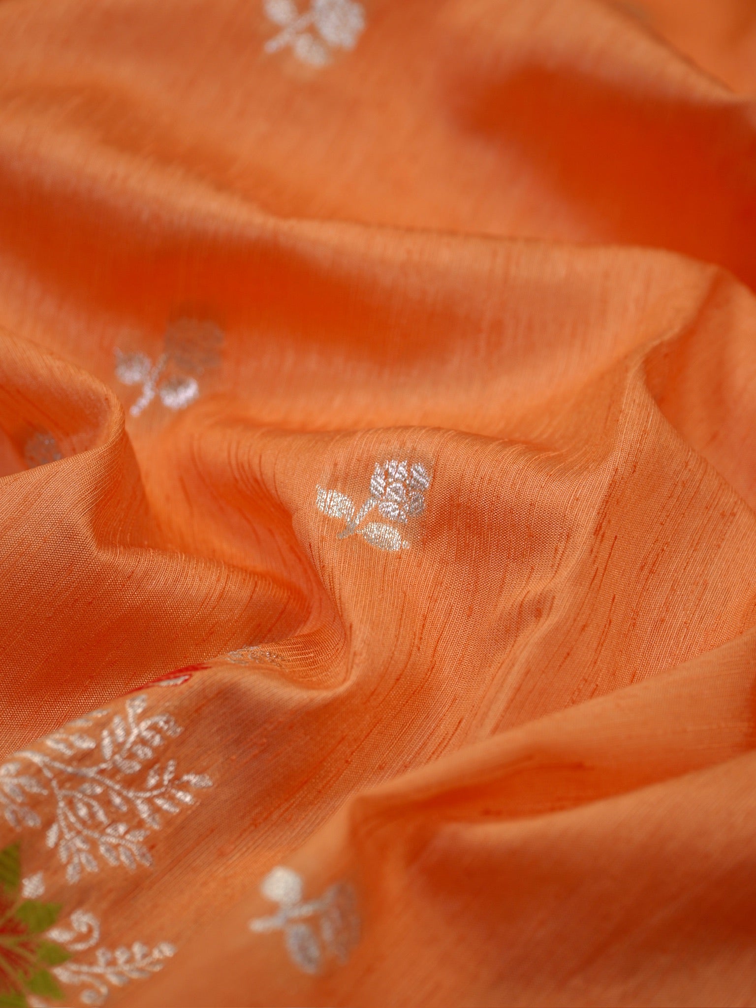 Bright Peach-Orange Banarasi Butter Silk Saree with Meenakari Floral Accents
