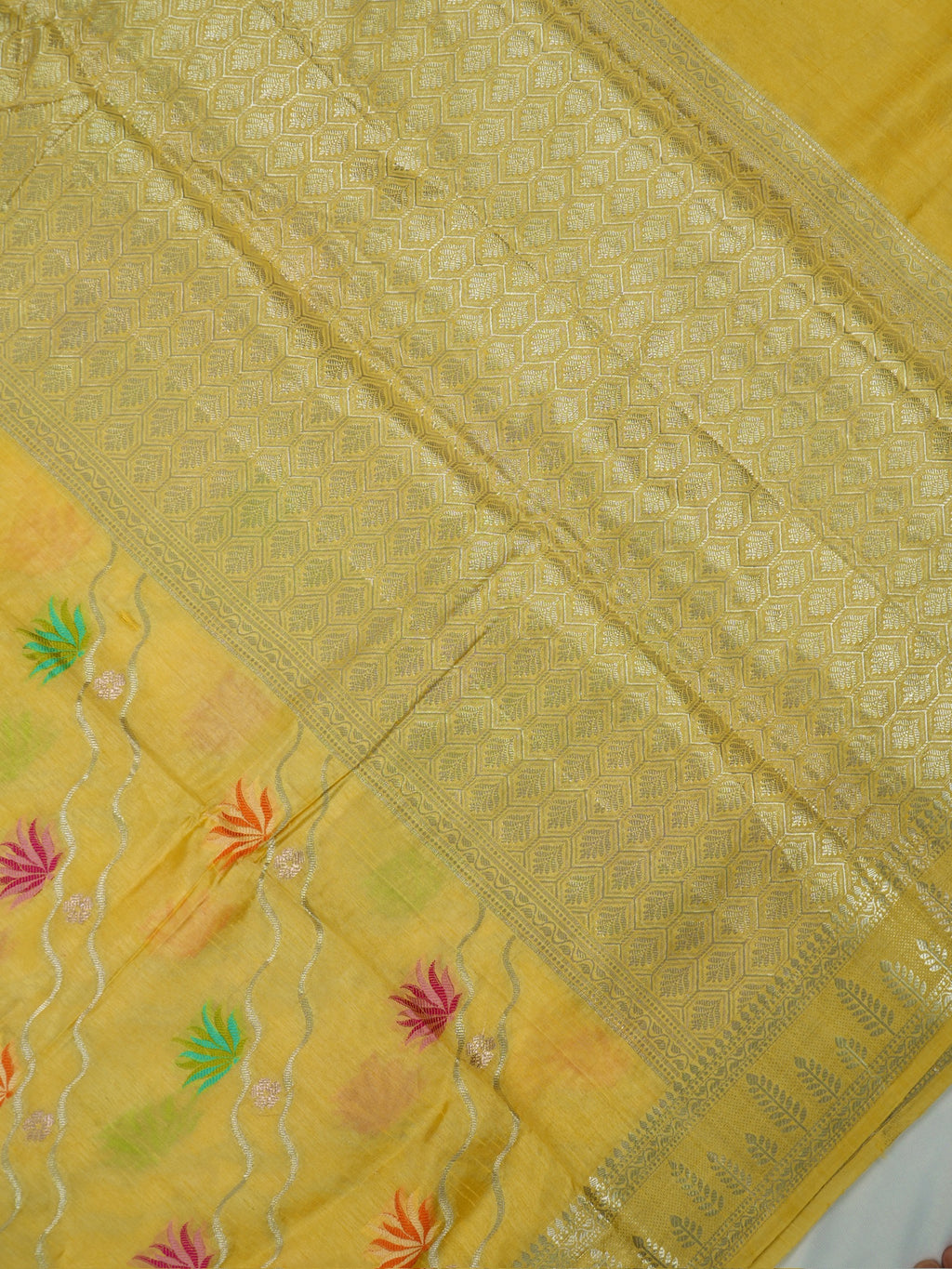 Sunshine Yellow Banarasi Semi Butter Silk Saree with Wave & Meenakari Lotus Motifs