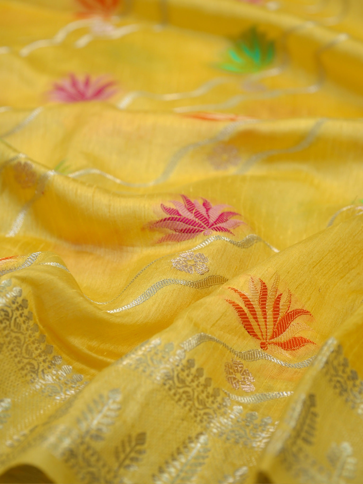 Sunshine Yellow Banarasi Semi Butter Silk Saree with Wave & Meenakari Lotus Motifs