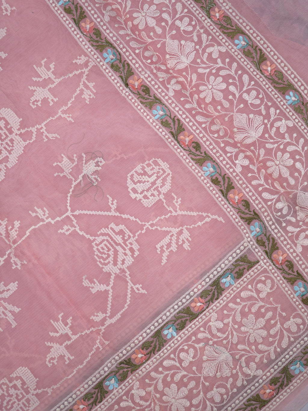 Blush Pink Fancy Organza Embroidery Saree with Cross-Stitch Floral Vines & Detailed Borders
