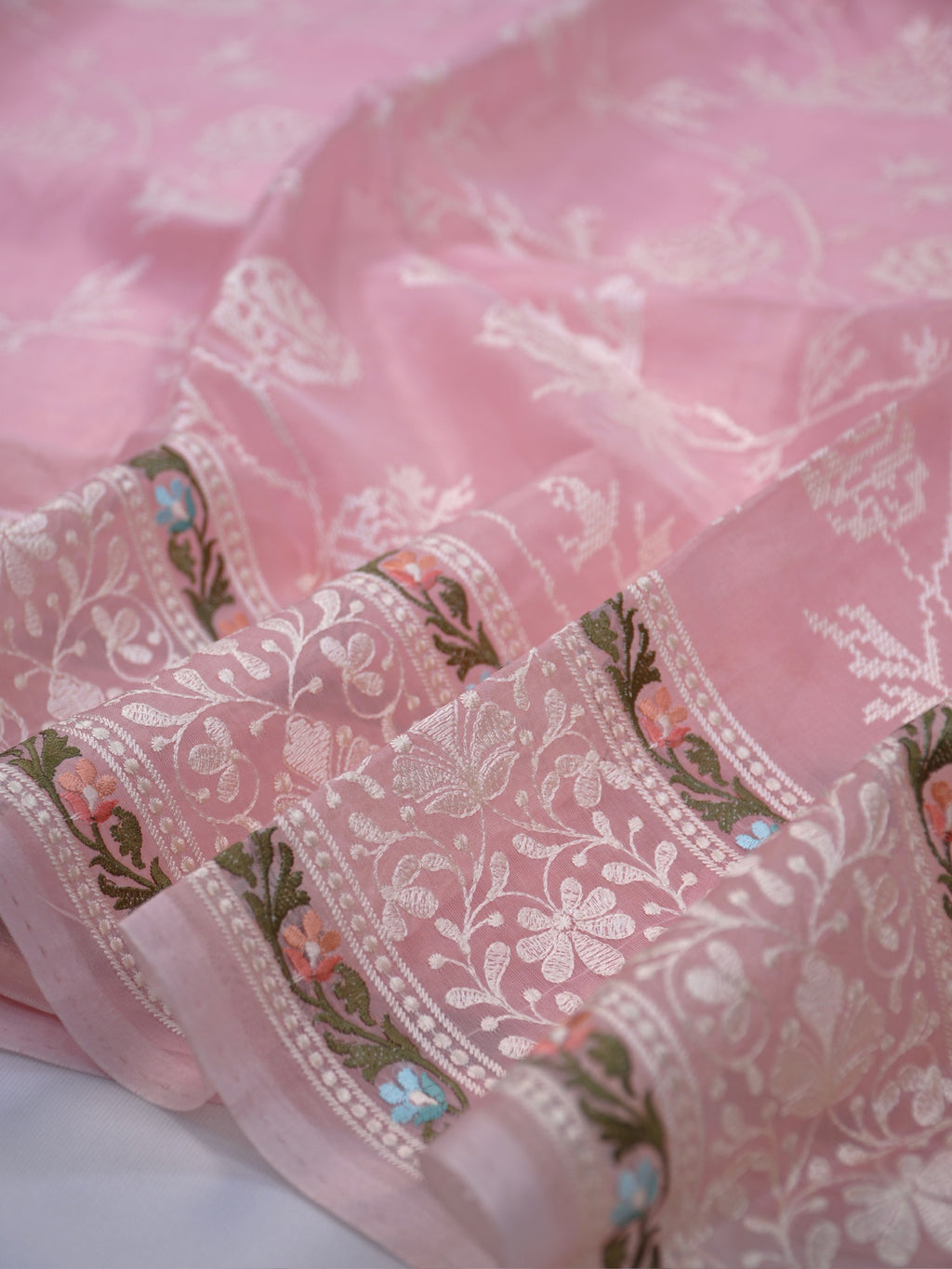 Blush Pink Fancy Organza Embroidery Saree with Cross-Stitch Floral Vines & Detailed Borders
