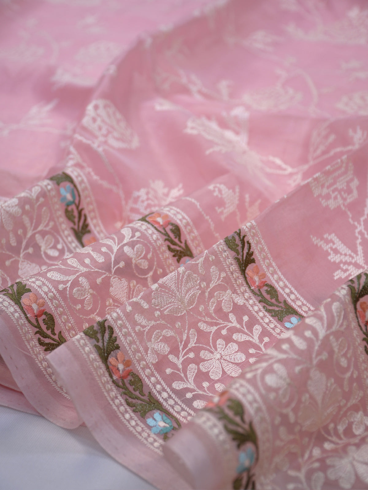 Blush Pink Fancy Organza Embroidery Saree with Cross-Stitch Floral Vines & Detailed Borders