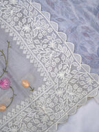 Powder Blue Fancy Organza Embroidery Saree with Floral Vines & Scallop Border