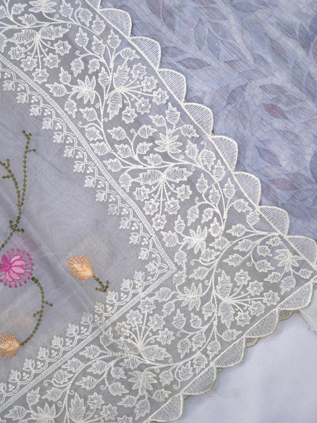 Powder Blue Fancy Organza Embroidery Saree with Floral Vines & Scallop Border
