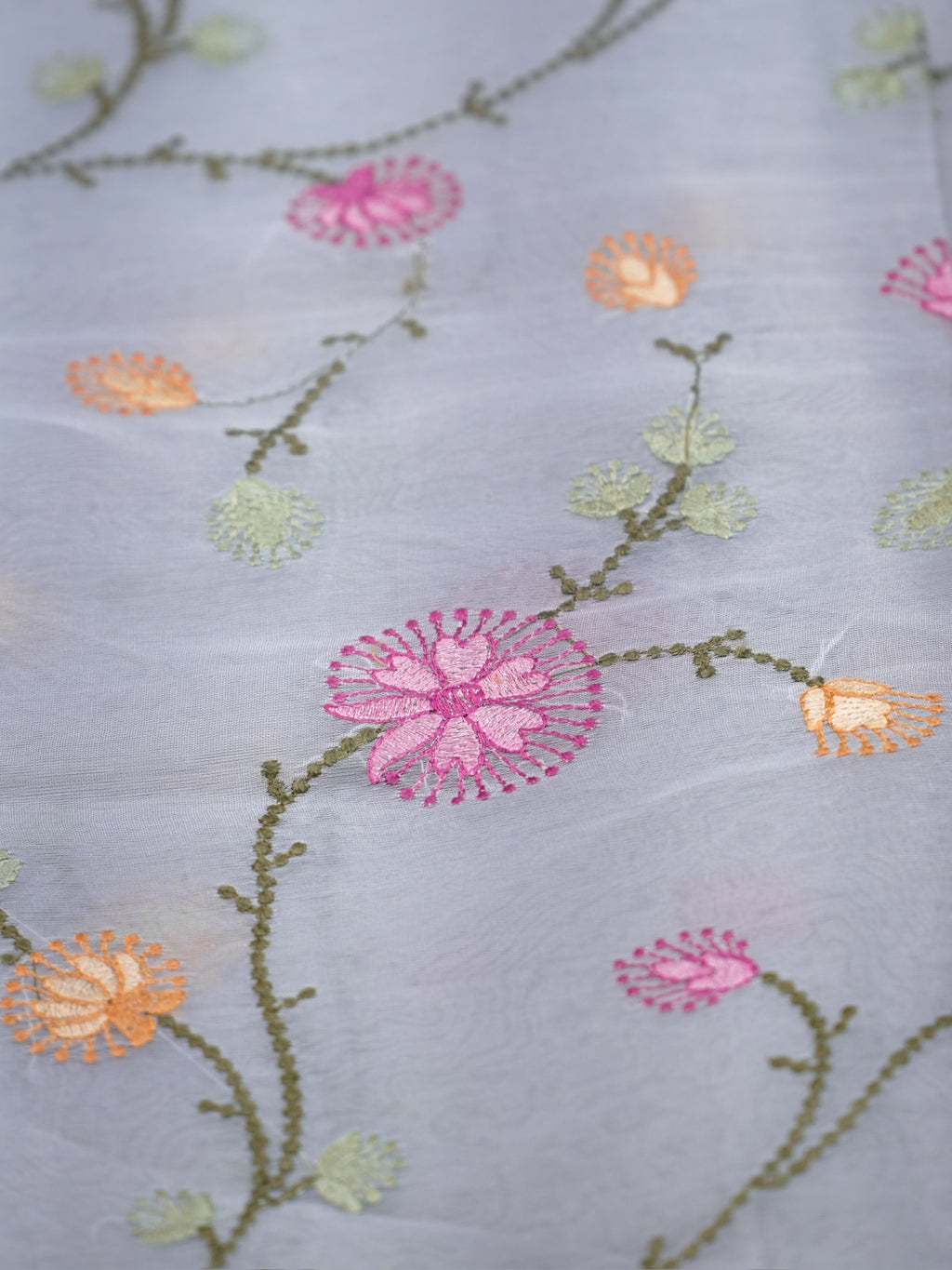 Powder Blue Fancy Organza Embroidery Saree with Floral Vines & Scallop Border