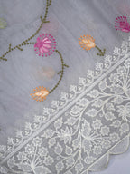 Powder Blue Fancy Organza Embroidery Saree with Floral Vines & Scallop Border