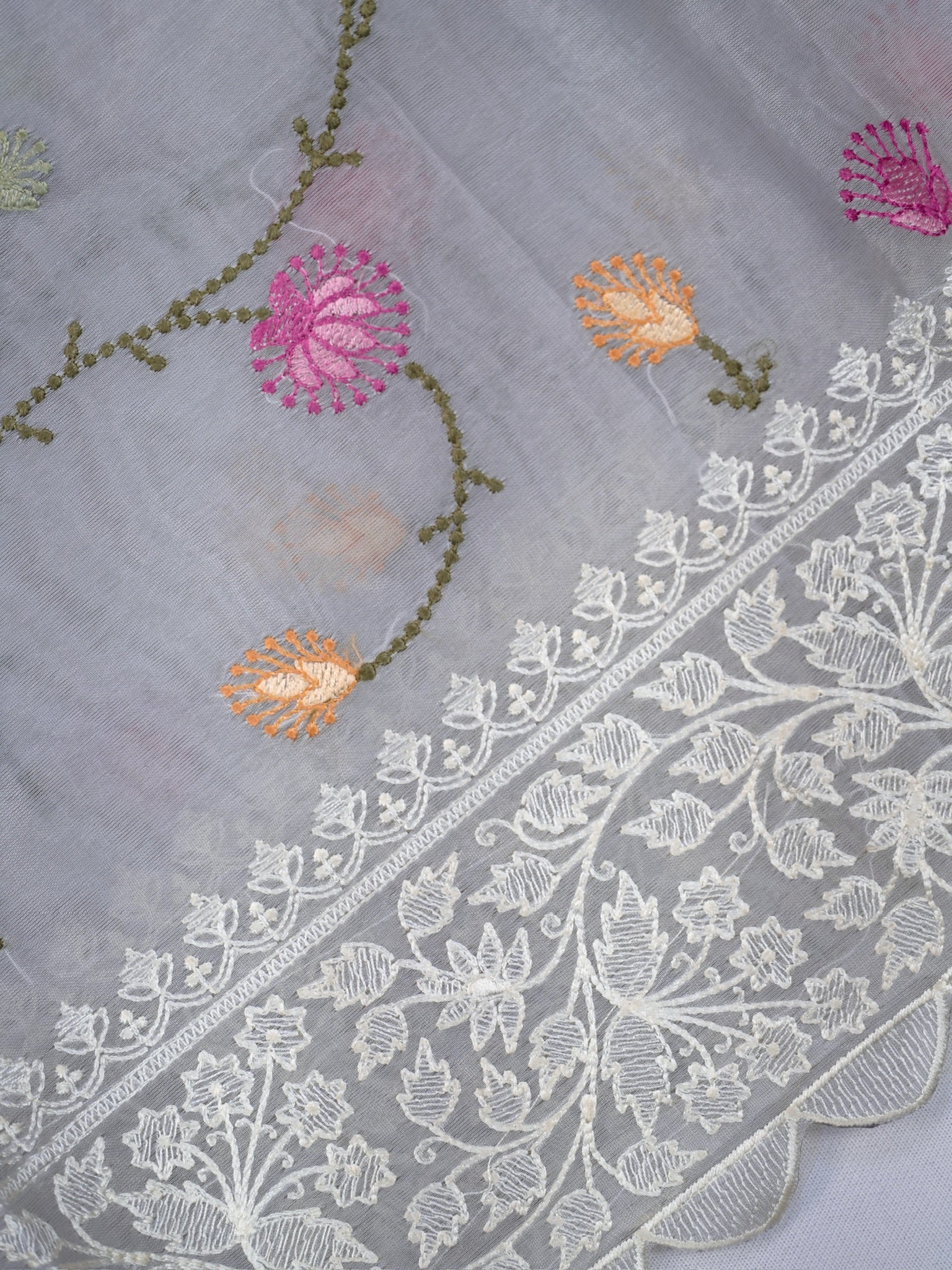 Powder Blue Fancy Organza Embroidery Saree with Floral Vines & Scallop Border