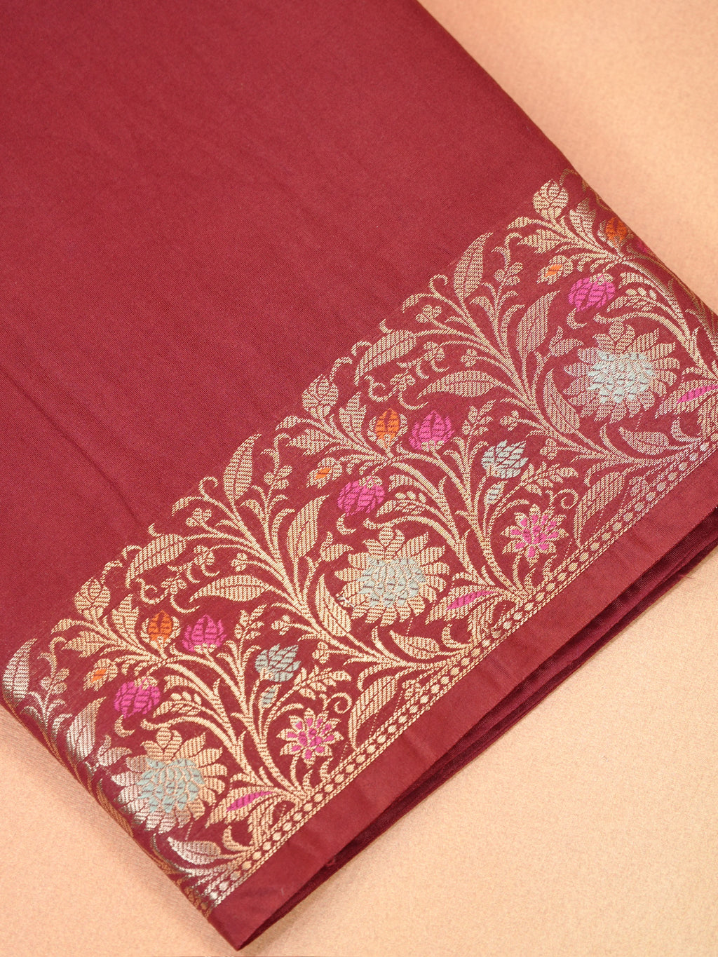 Maroon Banarasi Chiniya Silk Saree with Meenakari Floral Border & Rich Zari Pallu