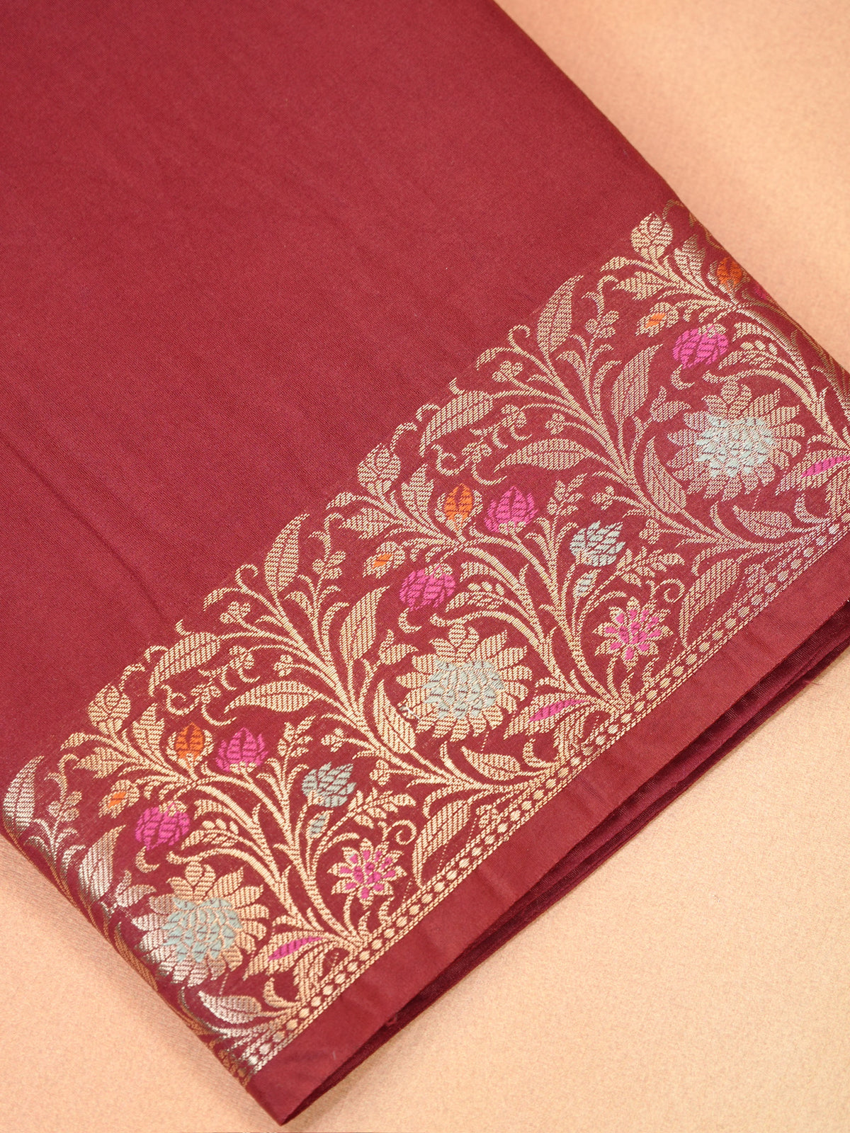 Maroon Banarasi Chiniya Silk Saree with Meenakari Floral Border & Rich Zari Pallu