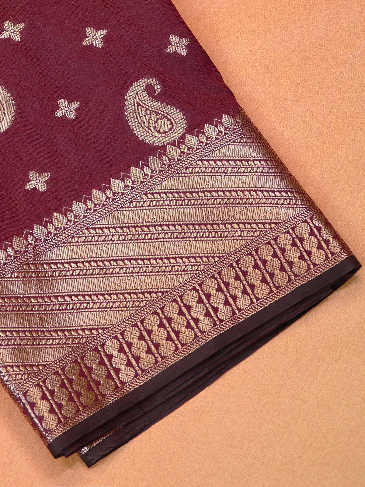 Deep Wine Banarasi Soft Katan Silk Saree with Rose Gold/Antique Zari
