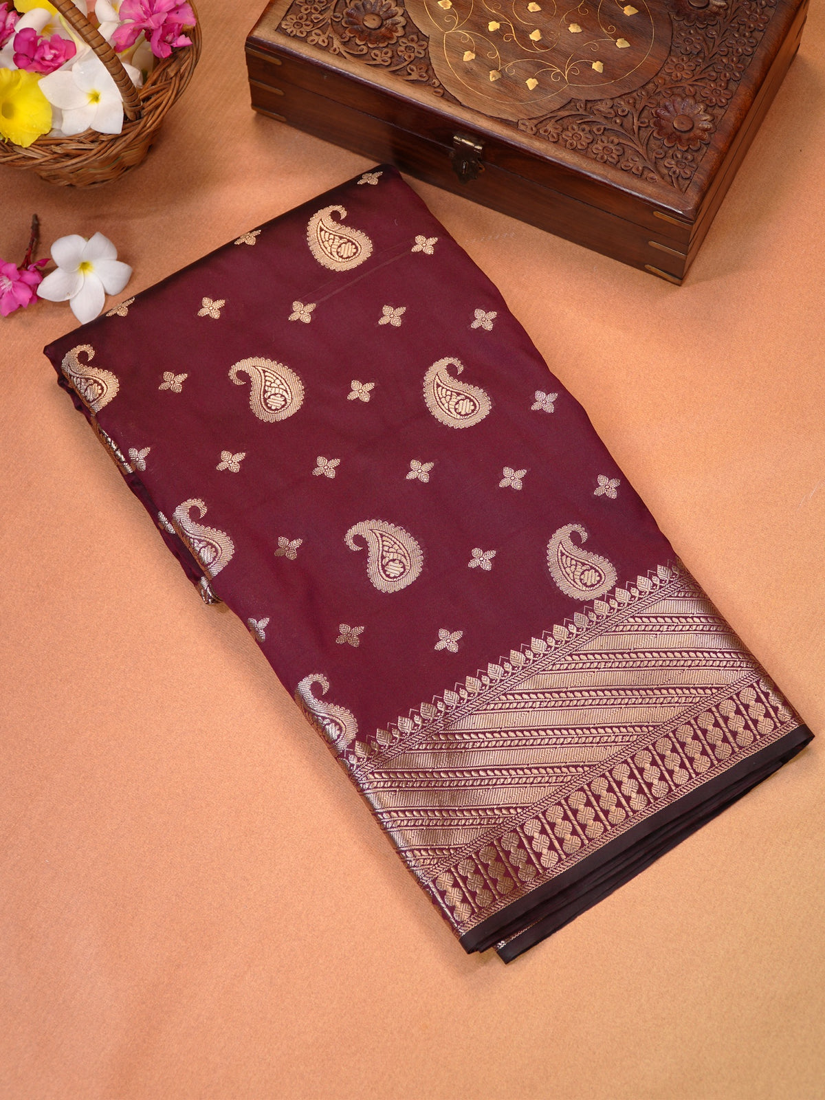 Deep Wine Banarasi Soft Katan Silk Saree with Rose Gold/Antique Zari