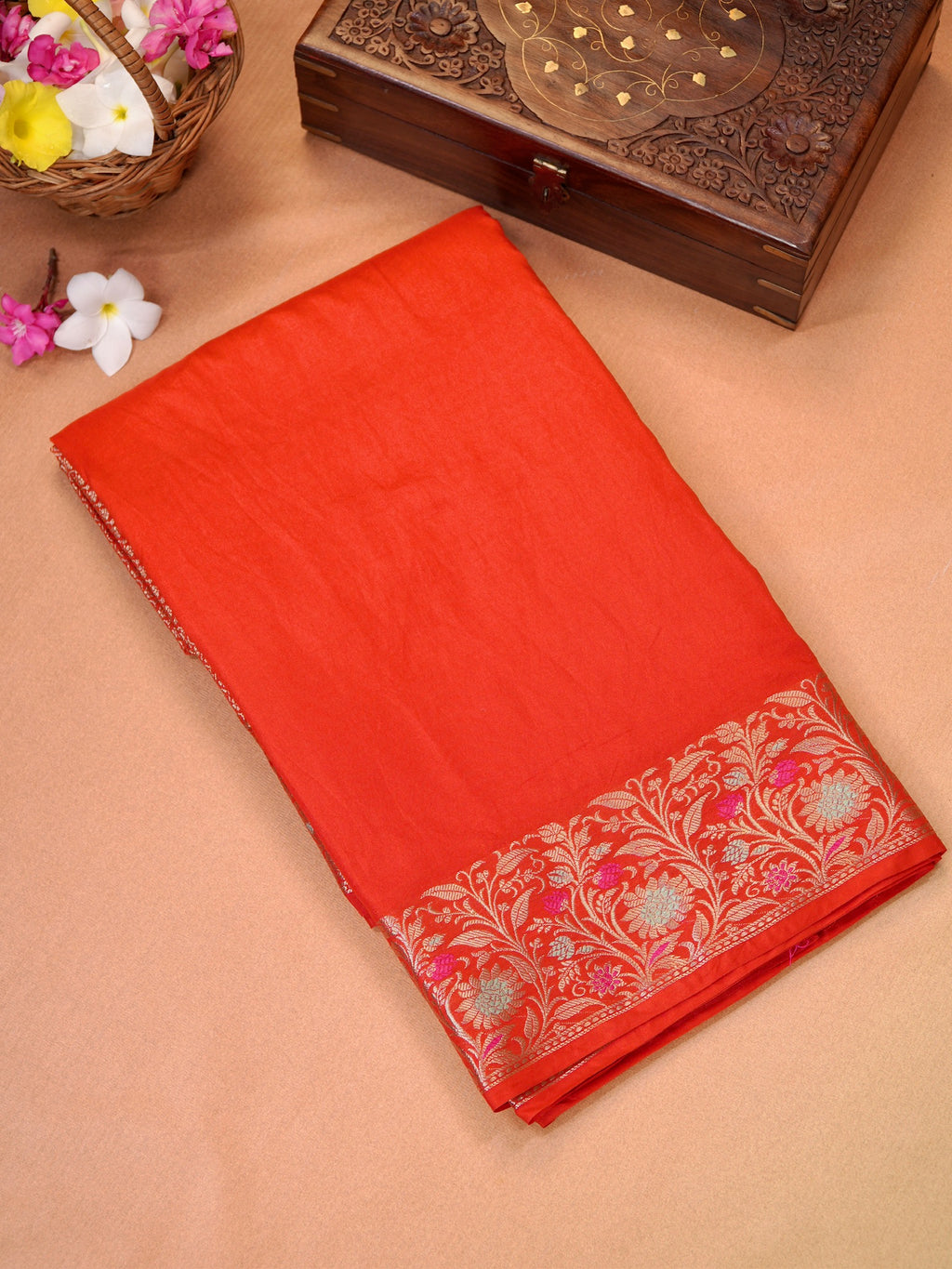 Vibrant Red Banarasi Chiniya Silk Saree with Meenakari Floral Border & Zari Pallu