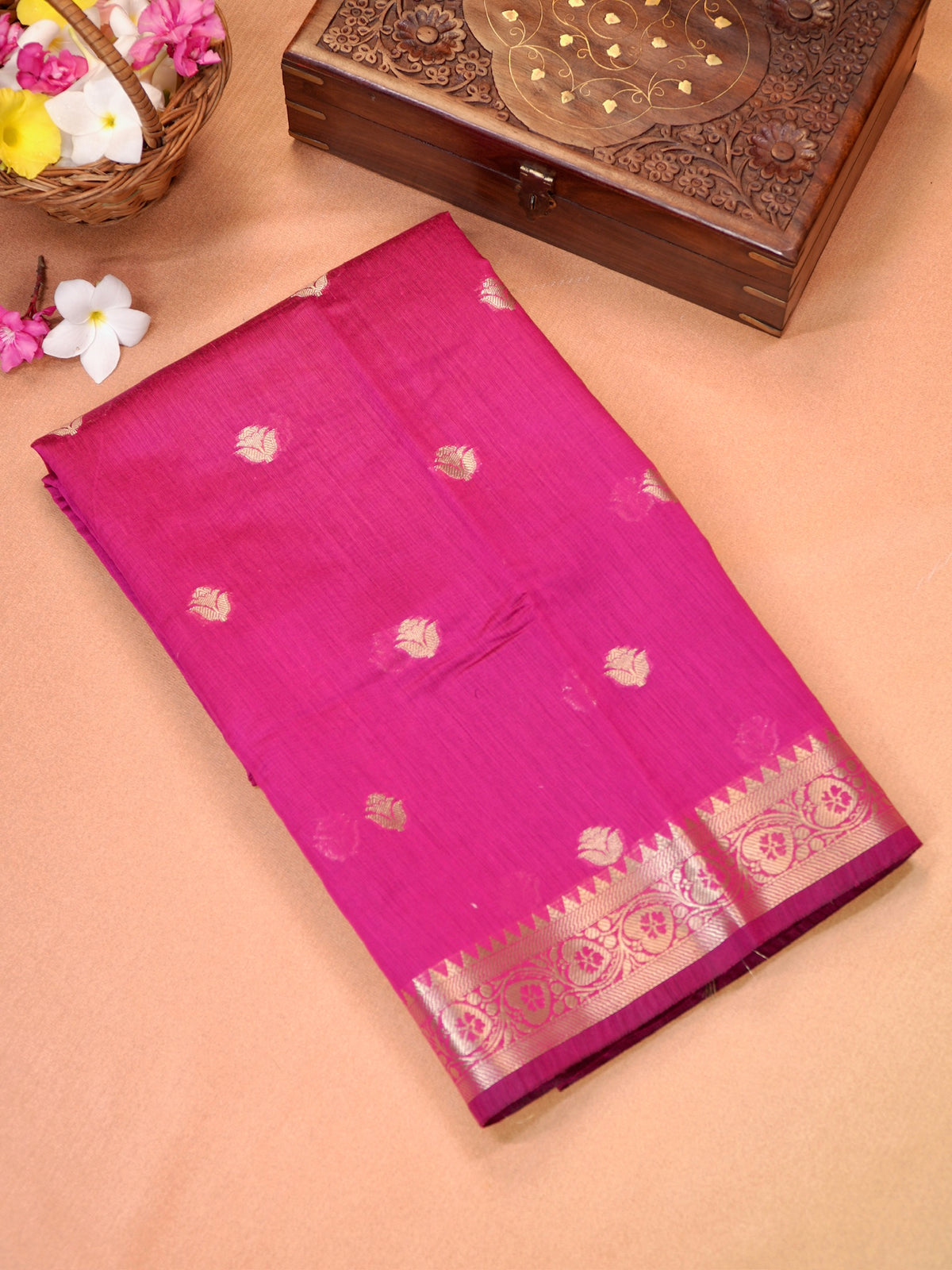 Magenta Pink & Royal Blue Banarasi Soft Cotton Silk Saree