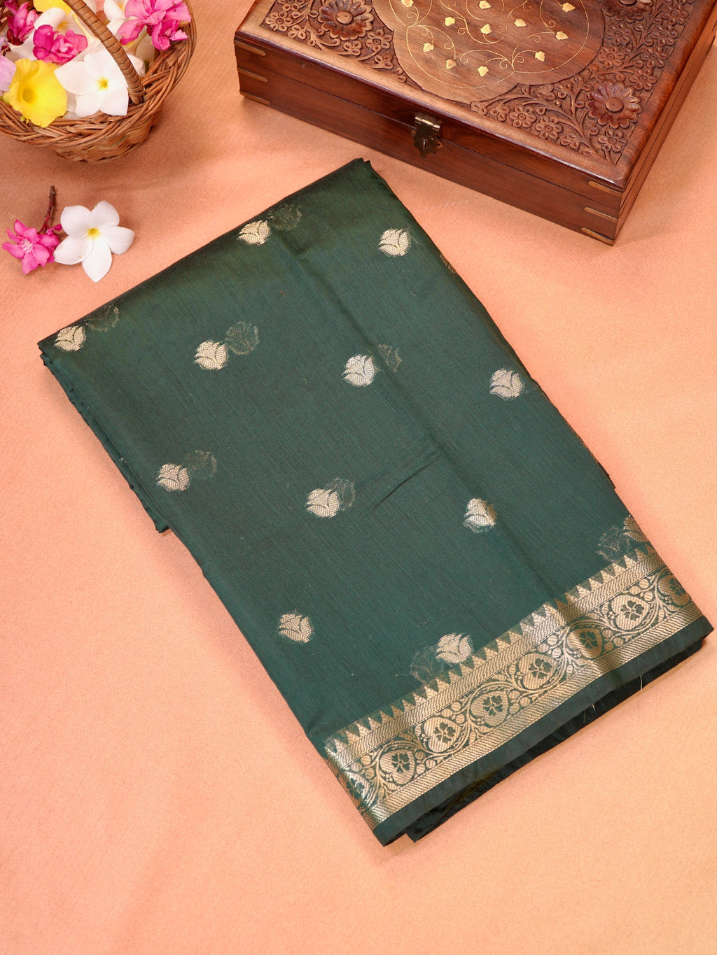 Bottle Green & Olive Green Banarasi Soft Cotton Silk Saree