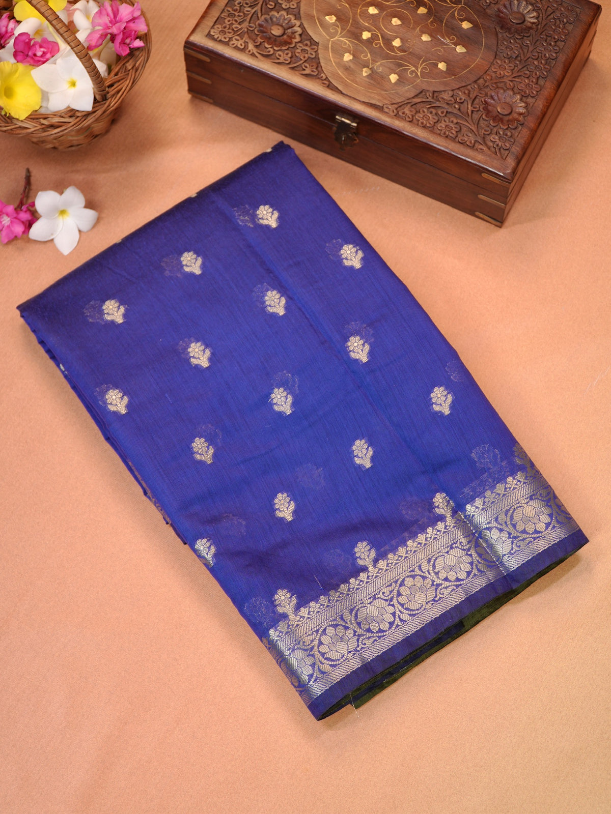 Royal Blue & Olive Green Banarasi Soft Cotton Silk Saree