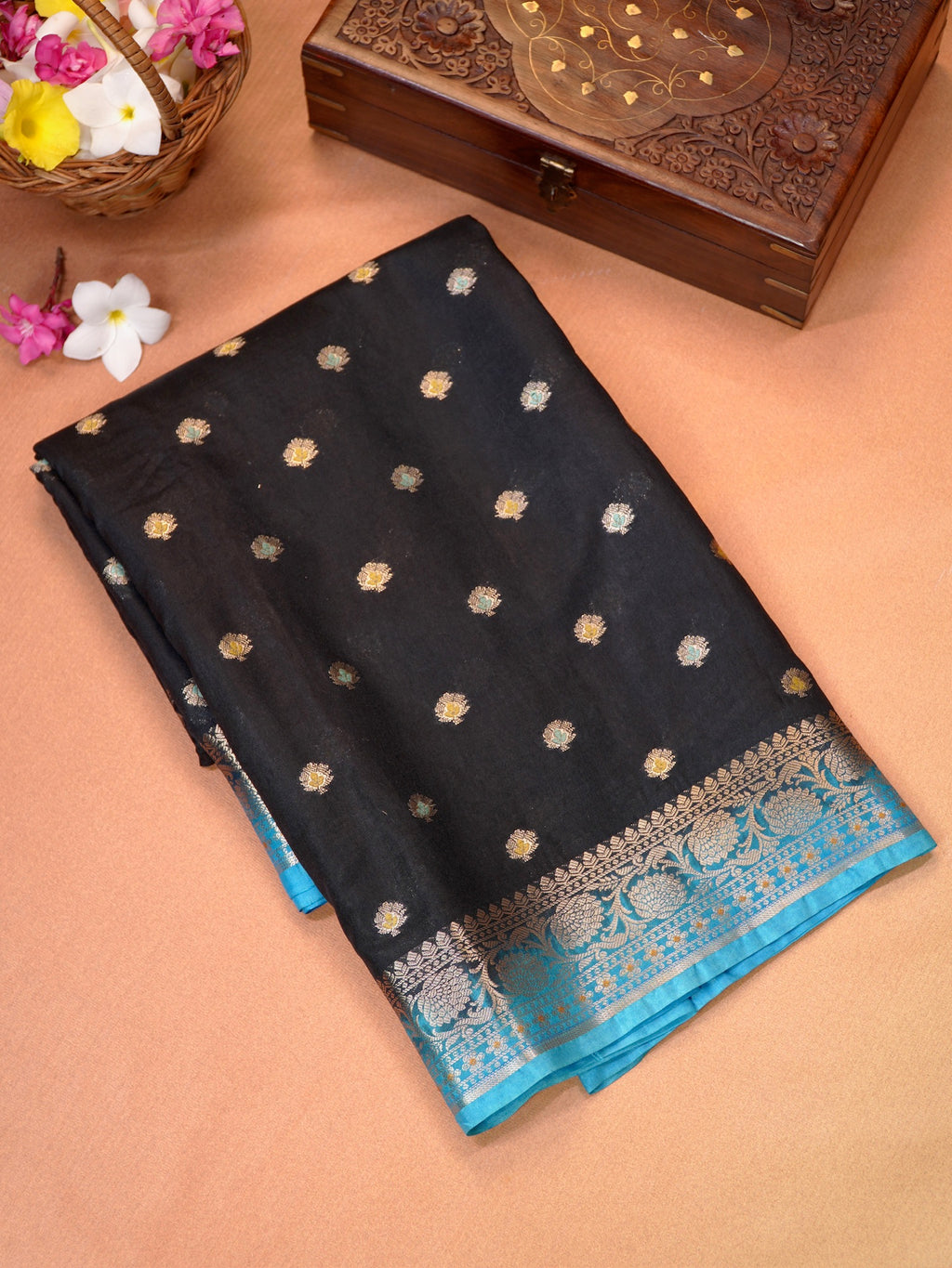 Midnight Black Banarasi Chiniya Silk Saree with Turquoise Zari Border & Floral Butis