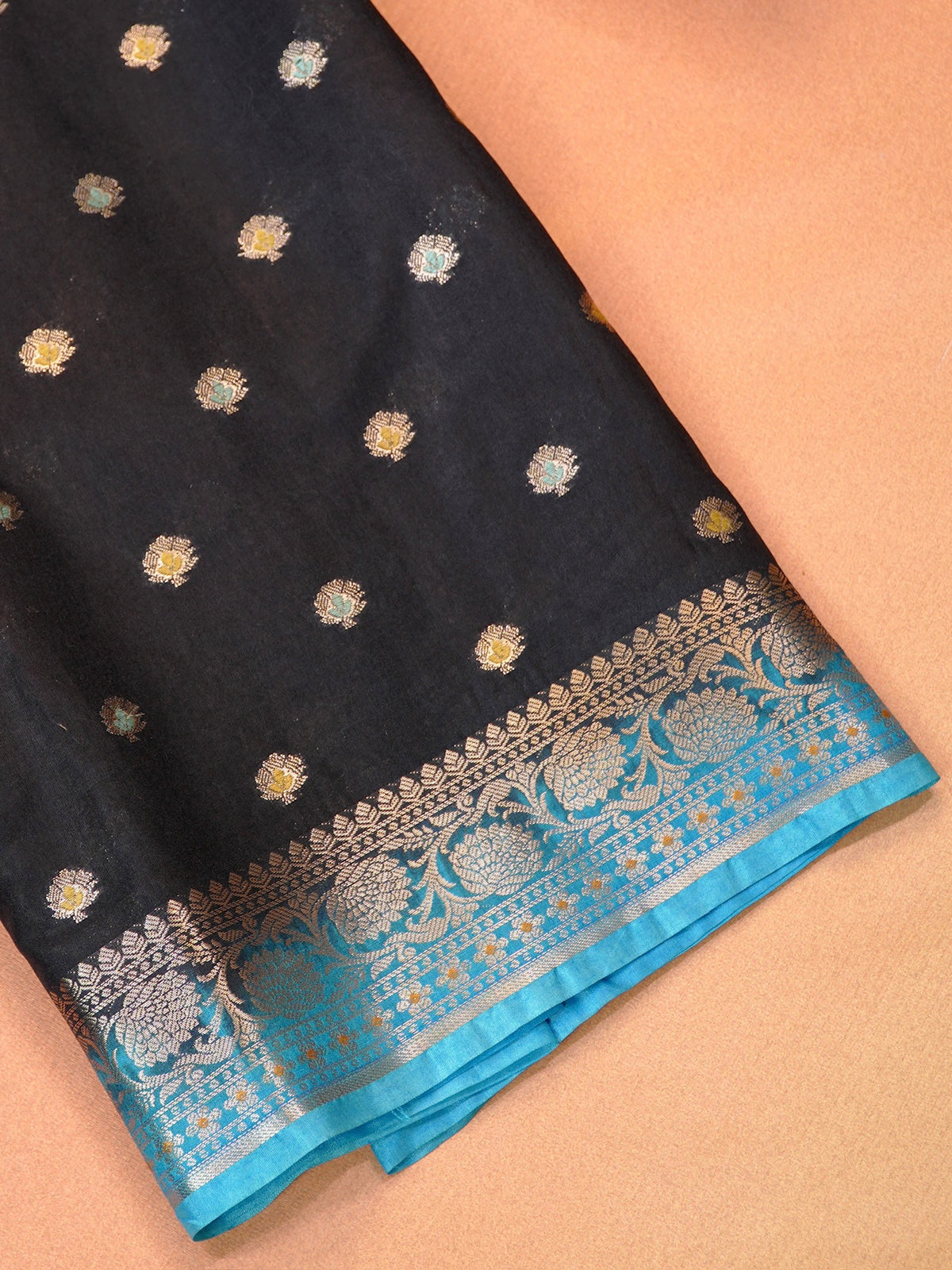 Midnight Black Banarasi Chiniya Silk Saree with Turquoise Zari Border & Floral Butis