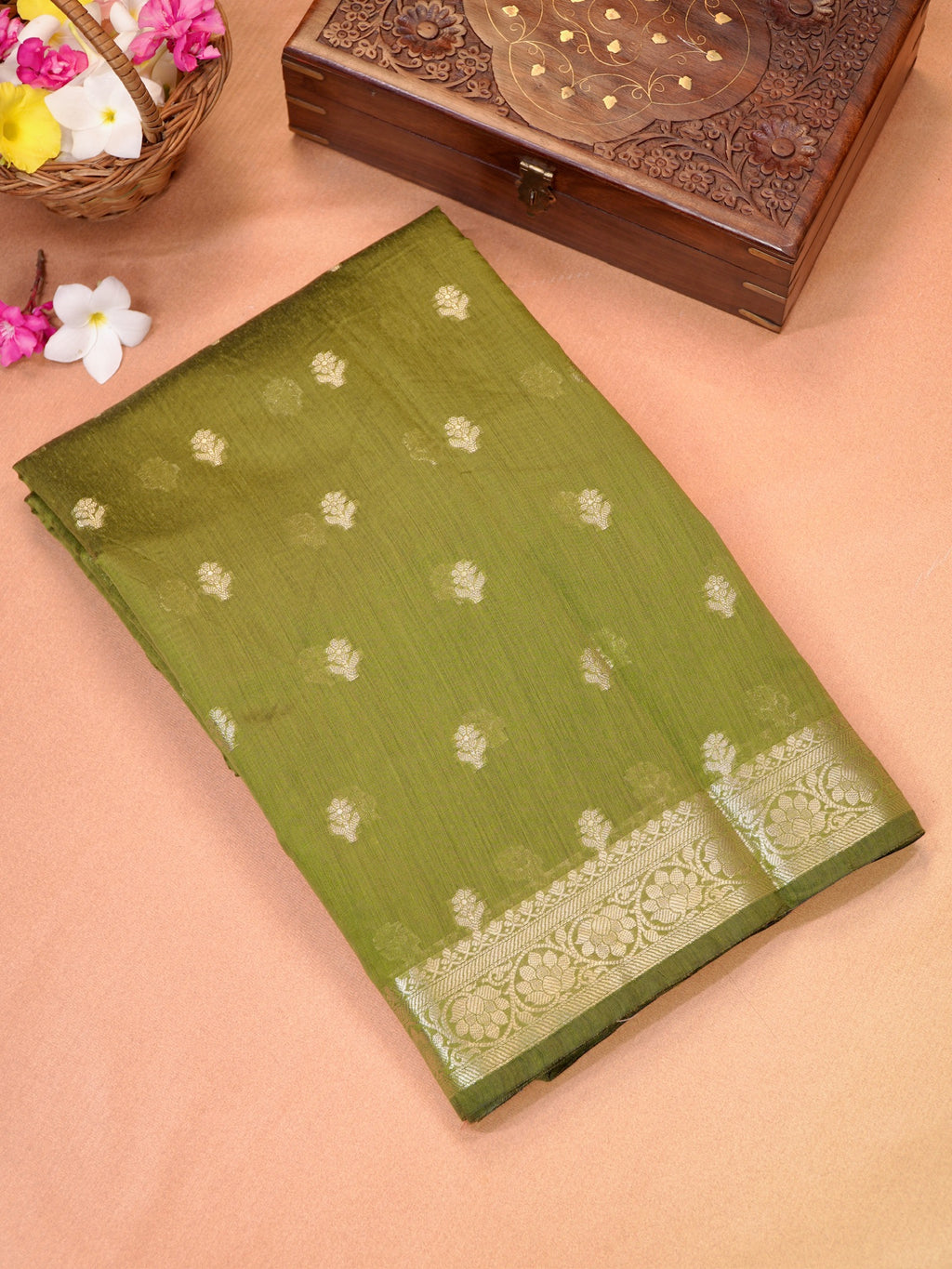 Olive Green &  Royal Blue Banarasi Soft Cotton Silk Saree