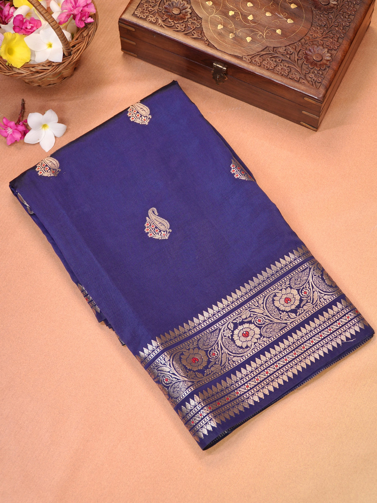 Royal Blue Banarasi Viscose Silk Saree with Antique Silver Zari & Meenakari