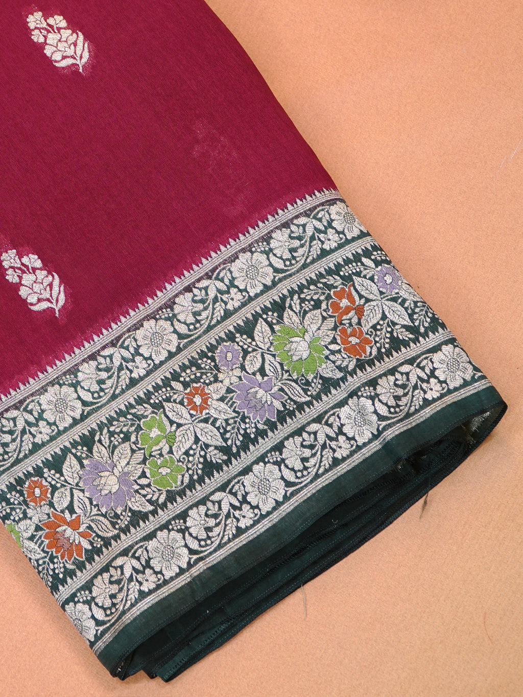 Deep Magenta & Bottle Green Banarasi Butter Silk Saree with Meenakari Floral Border