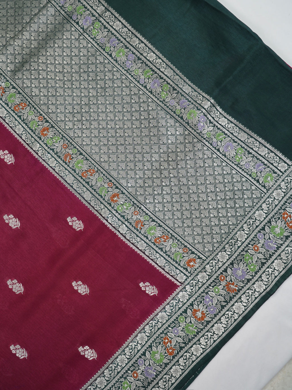 Deep Magenta & Bottle Green Banarasi Butter Silk Saree with Meenakari Floral Border