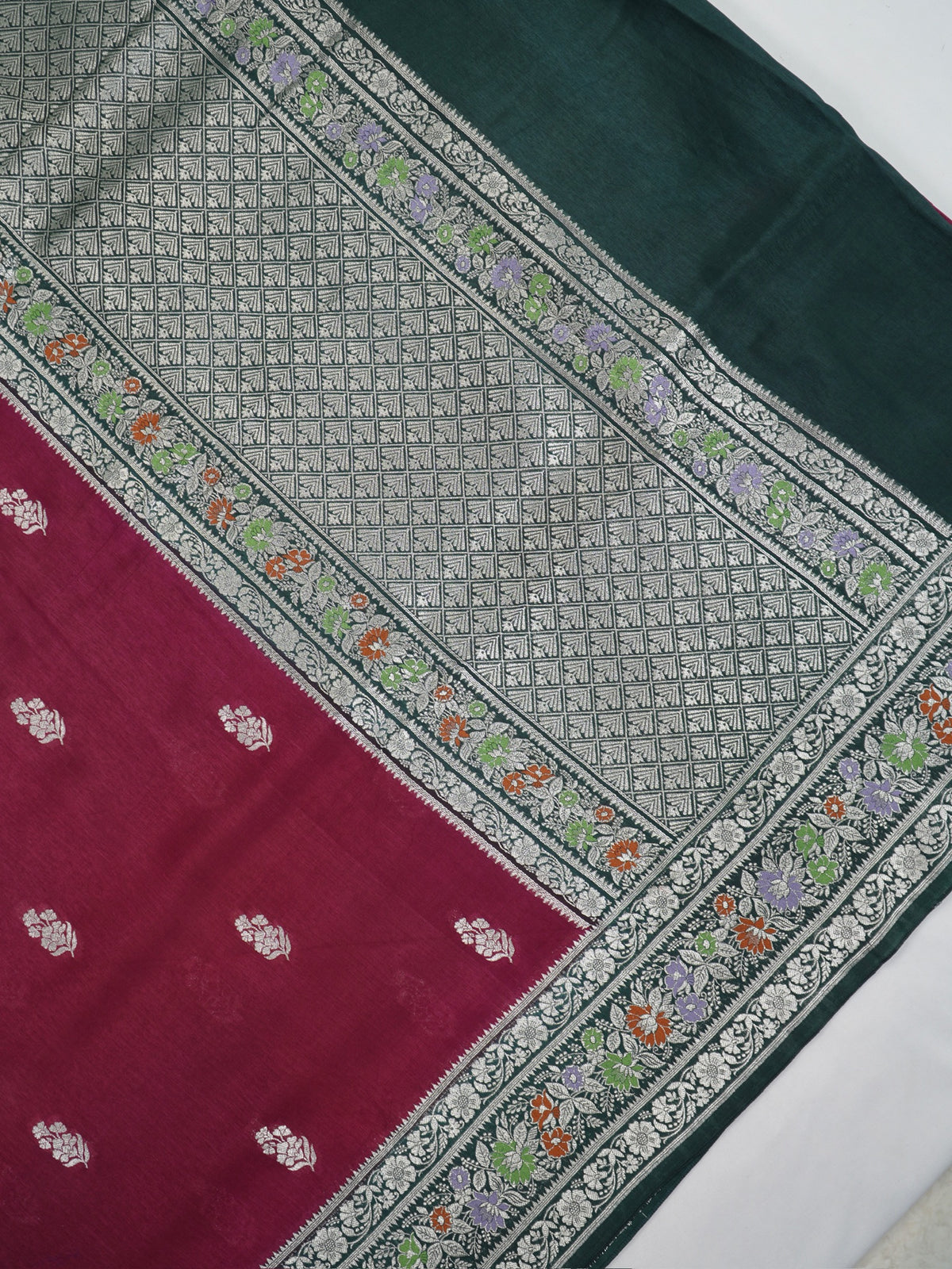 Deep Magenta & Bottle Green Banarasi Butter Silk Saree with Meenakari Floral Border