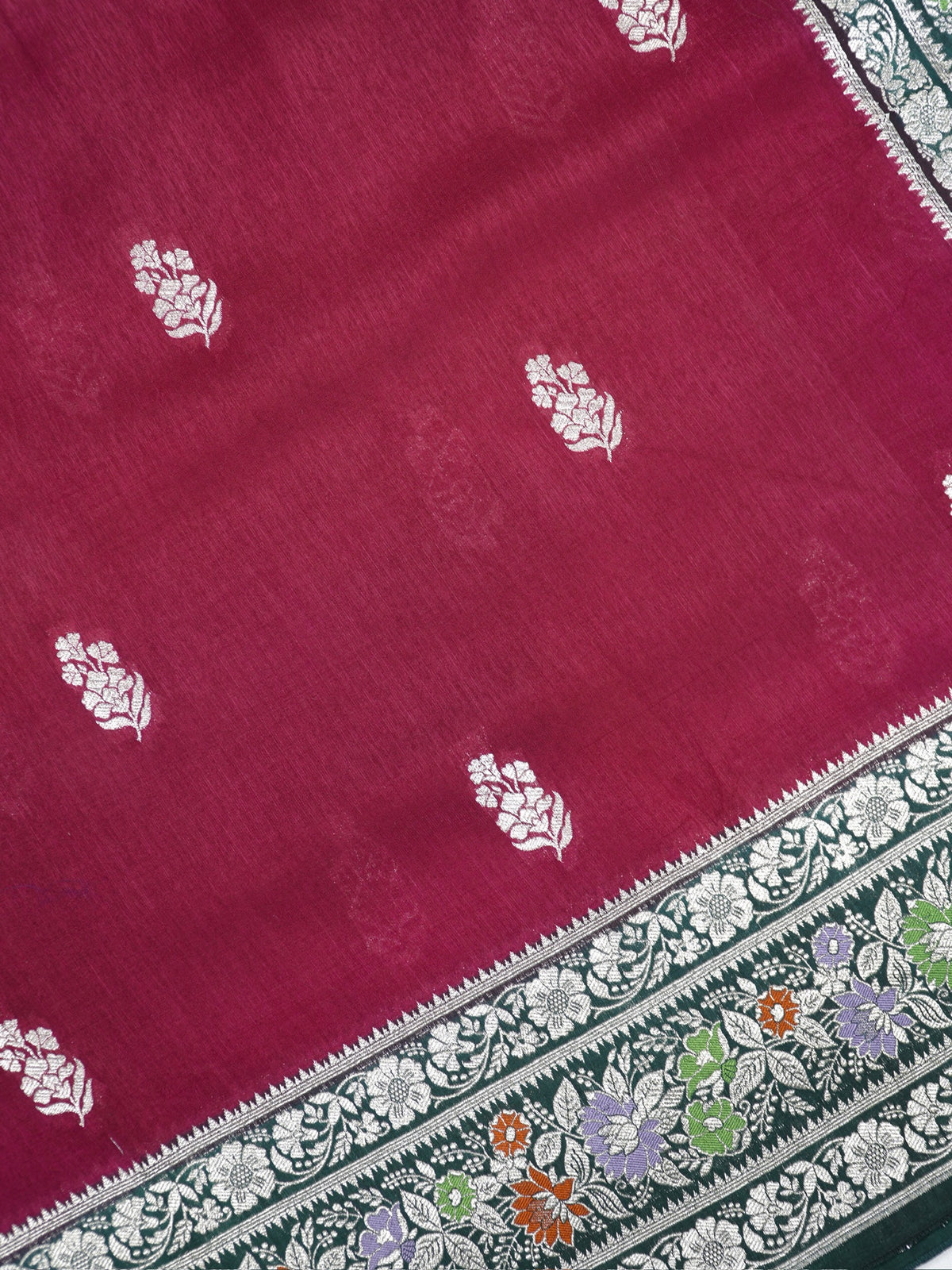 Deep Magenta & Bottle Green Banarasi Butter Silk Saree with Meenakari Floral Border