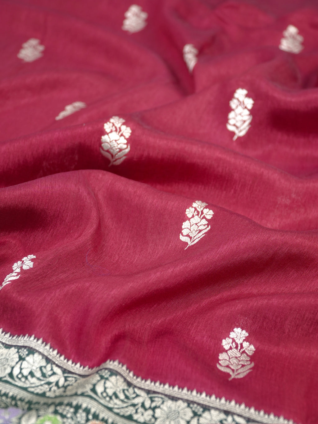 Deep Magenta & Bottle Green Banarasi Butter Silk Saree with Meenakari Floral Border
