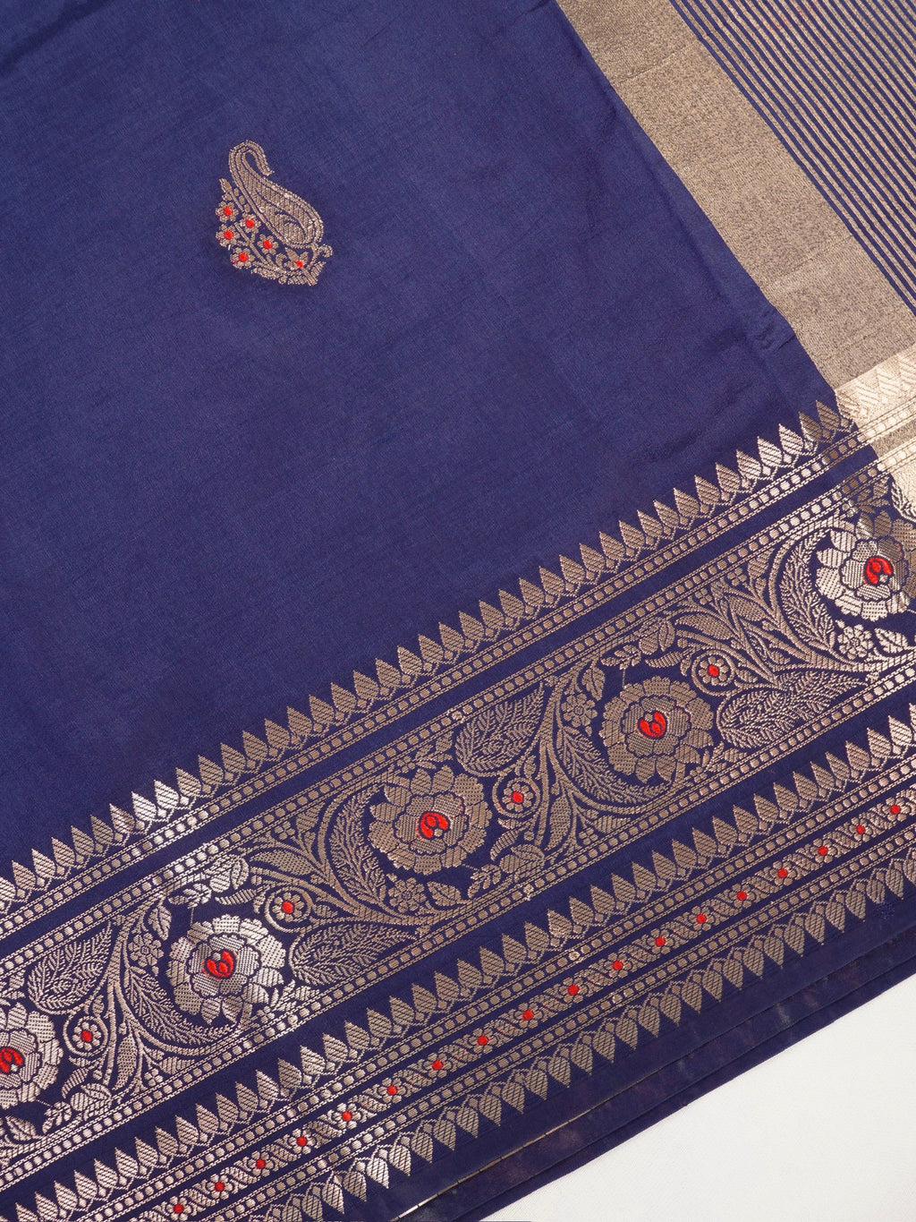 Royal Blue Banarasi Viscose Silk Saree with Antique Silver Zari & Meenakari