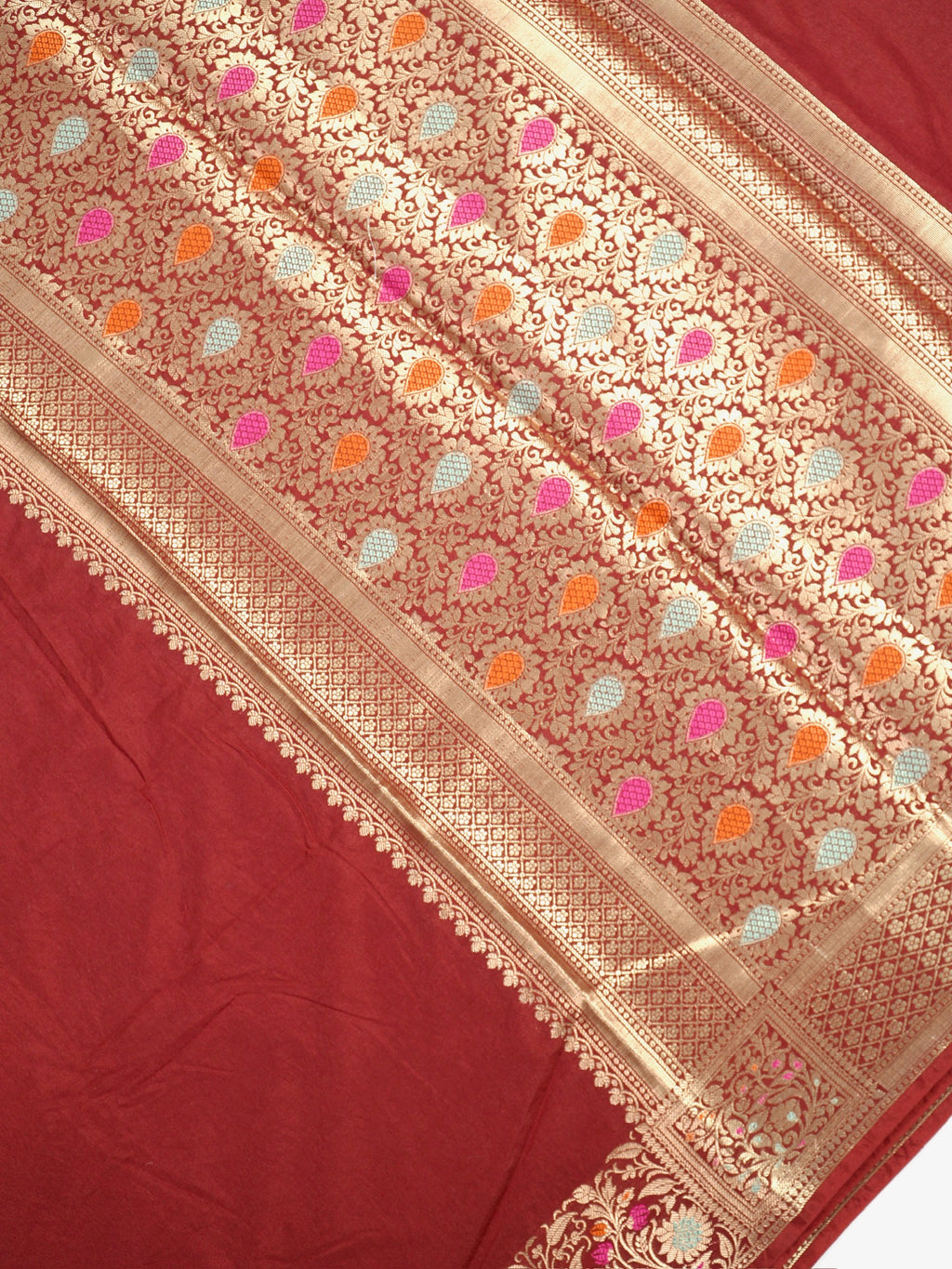 Maroon Banarasi Chiniya Silk Saree with Meenakari Floral Border & Rich Zari Pallu