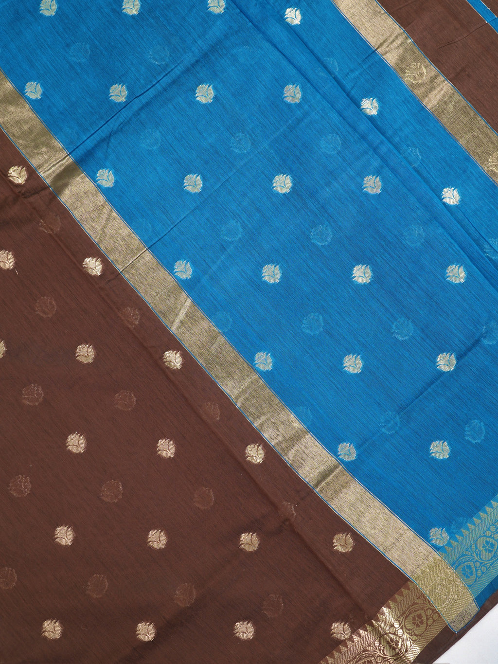 Deep Chocolate Brown &  Turquoise Blue Banarasi Soft Cotton Silk Saree