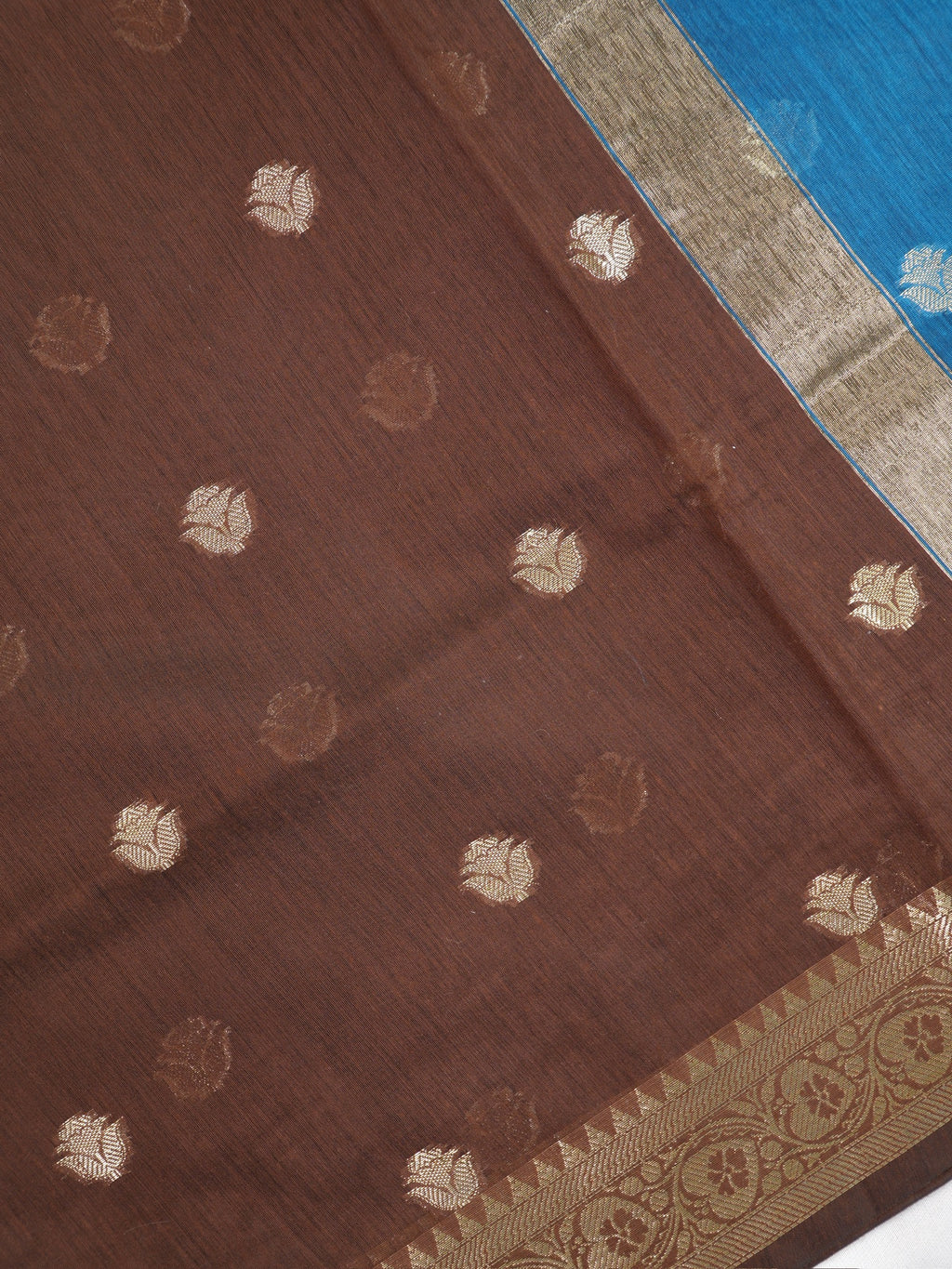 Deep Chocolate Brown &  Turquoise Blue Banarasi Soft Cotton Silk Saree