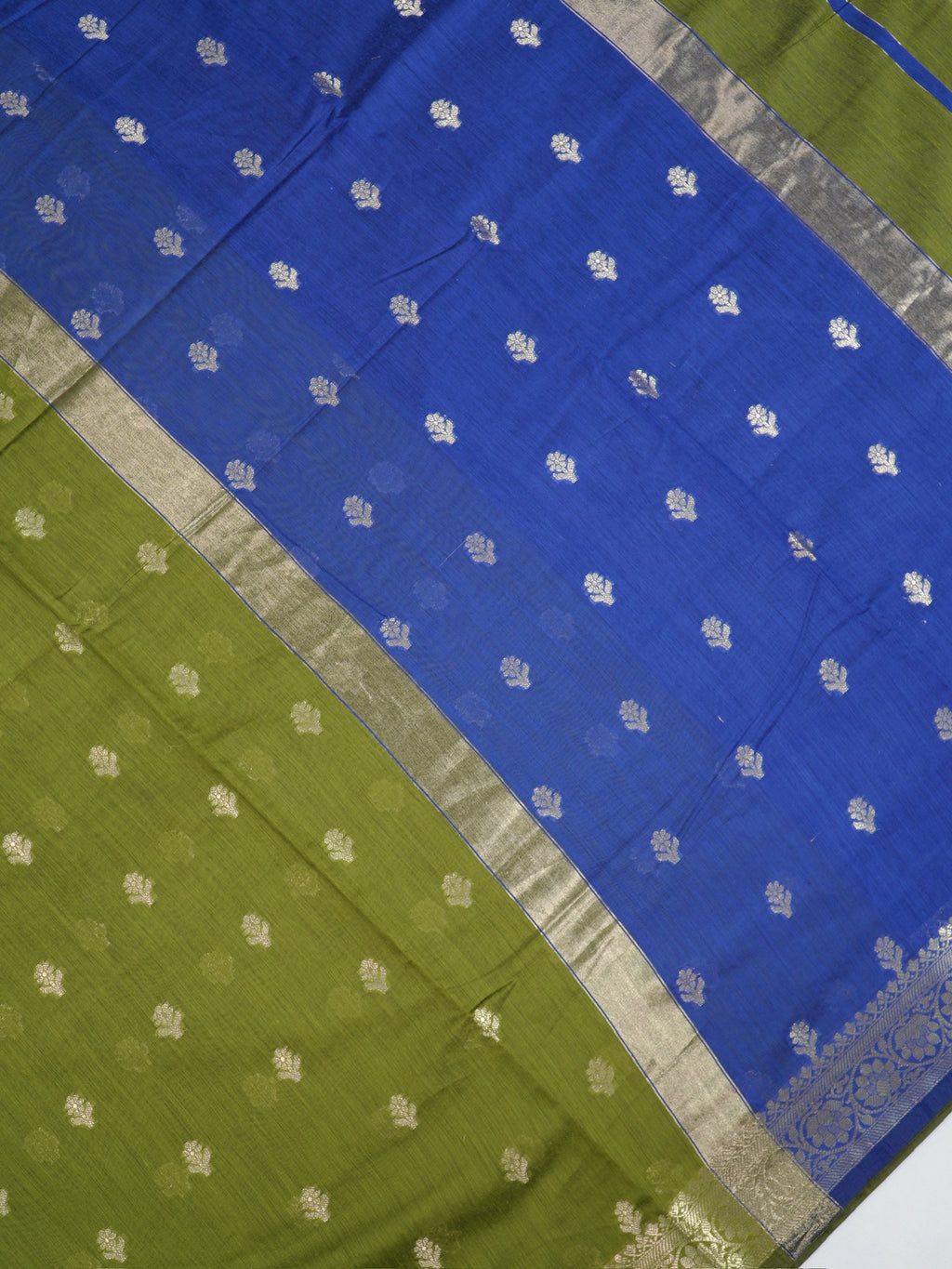 Olive Green &  Royal Blue Banarasi Soft Cotton Silk Saree