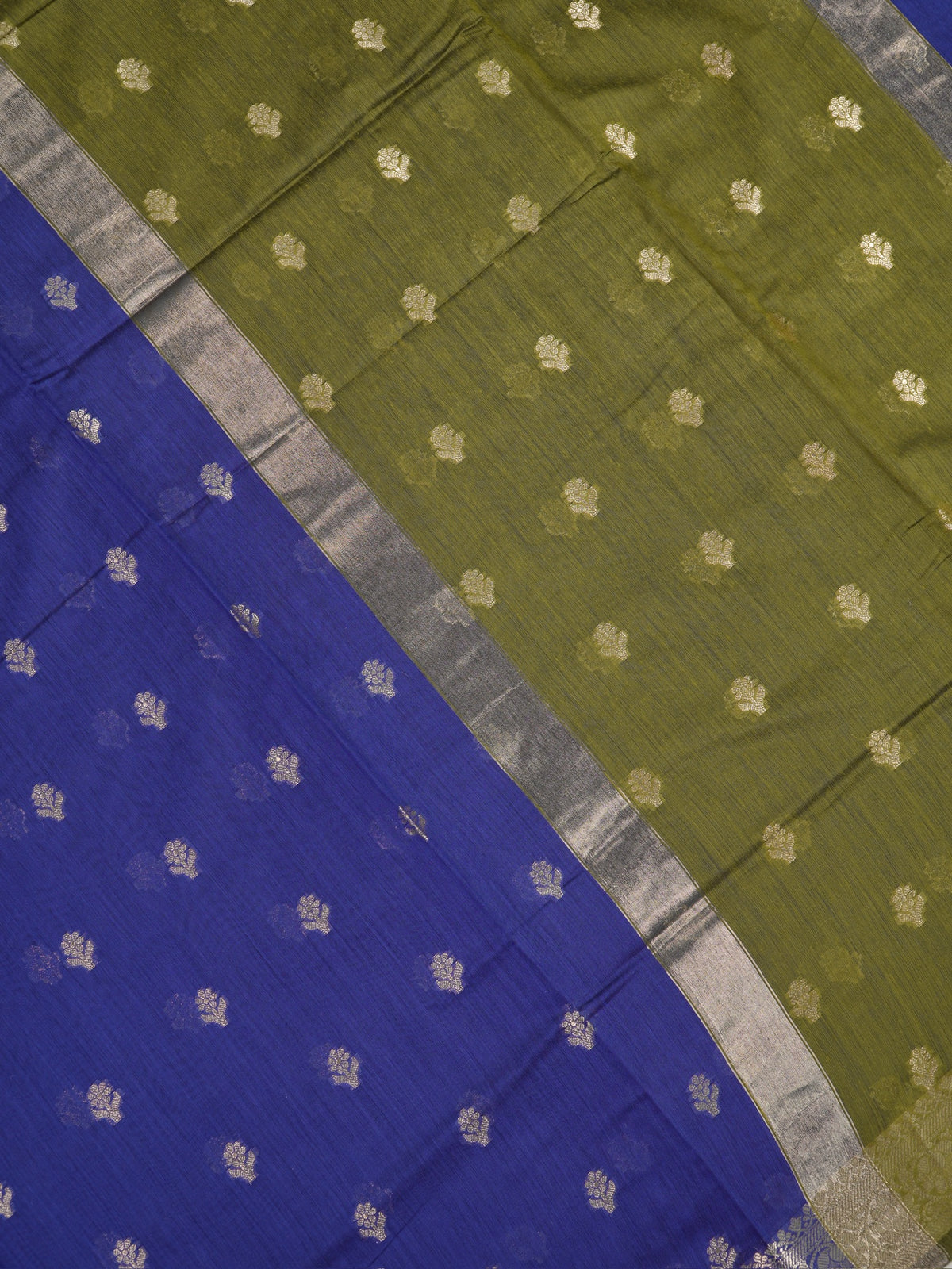 Royal Blue & Olive Green Banarasi Soft Cotton Silk Saree