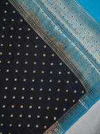 Midnight Black Banarasi Chiniya Silk Saree with Turquoise Zari Border & Floral Butis